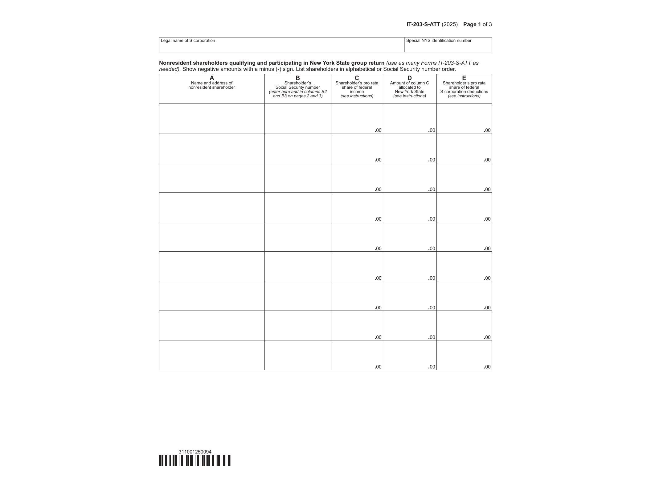 IT203S Form IT-203-S-ATT Attachment to Form IT-203-S Tax Year 2025 - official form preview, page 1
