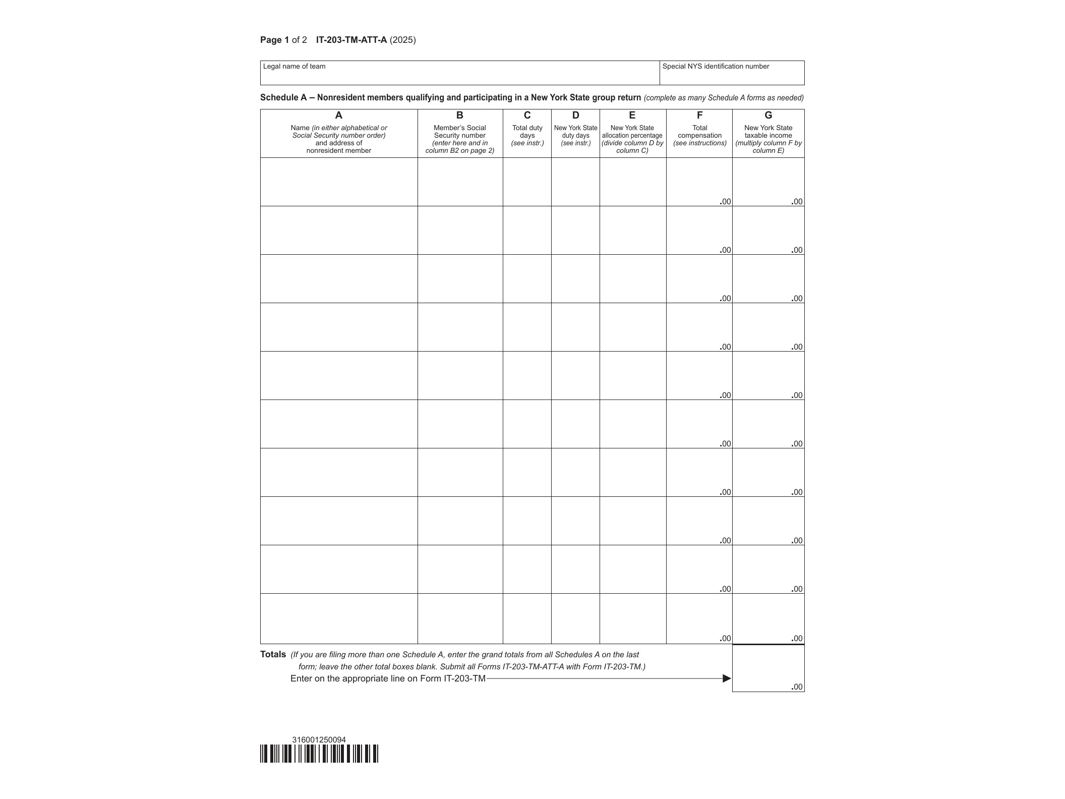 IT203TM Form IT-203-TM-ATT-A Schedule A - Group Return for Nonresident Athletic Team Members Tax Year 2025 - official form preview, page 1