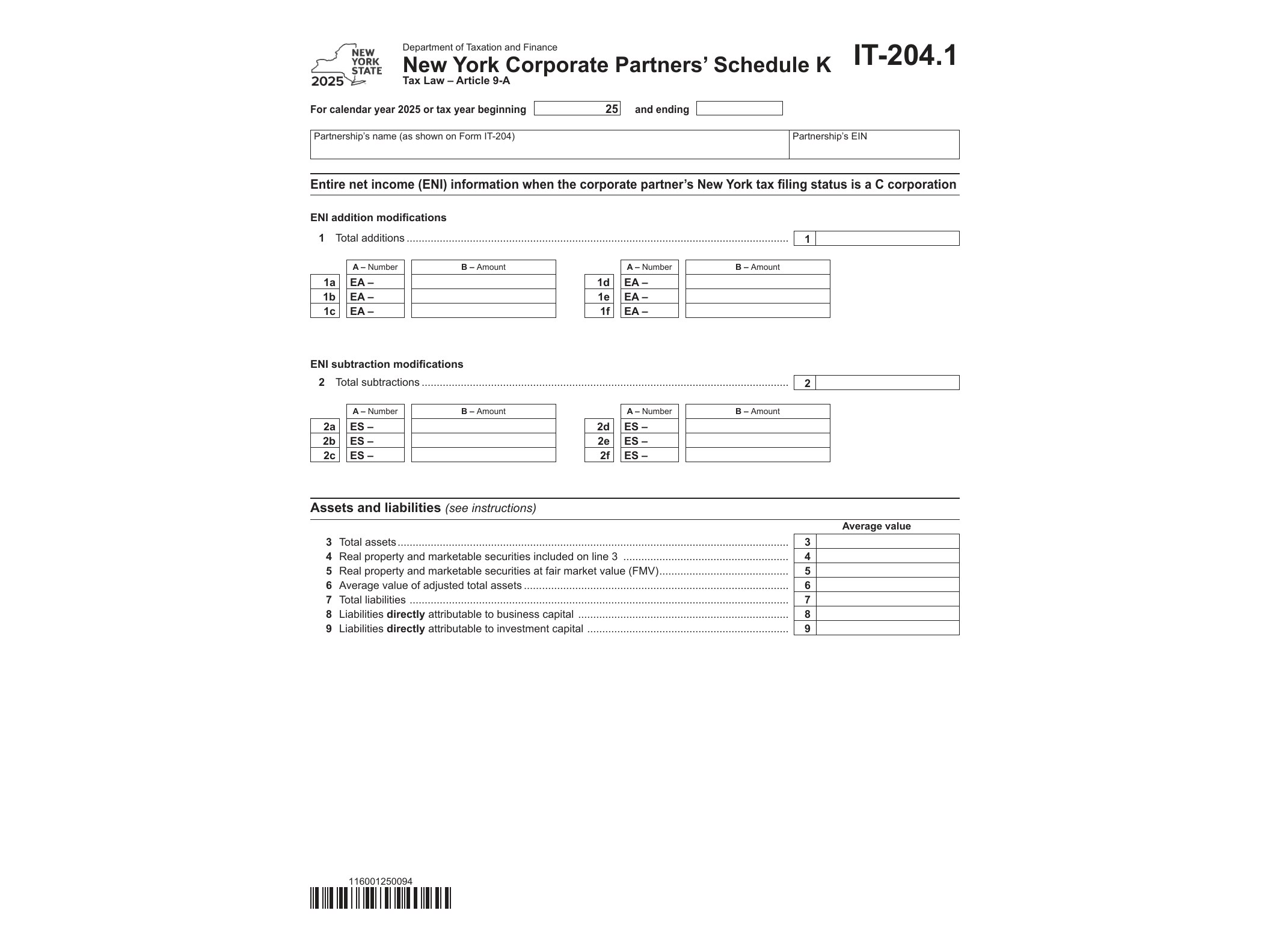 IT204 Form IT-204.1 New York Corporate Partners’ Schedule K Tax Year 2025 - official form preview, page 1