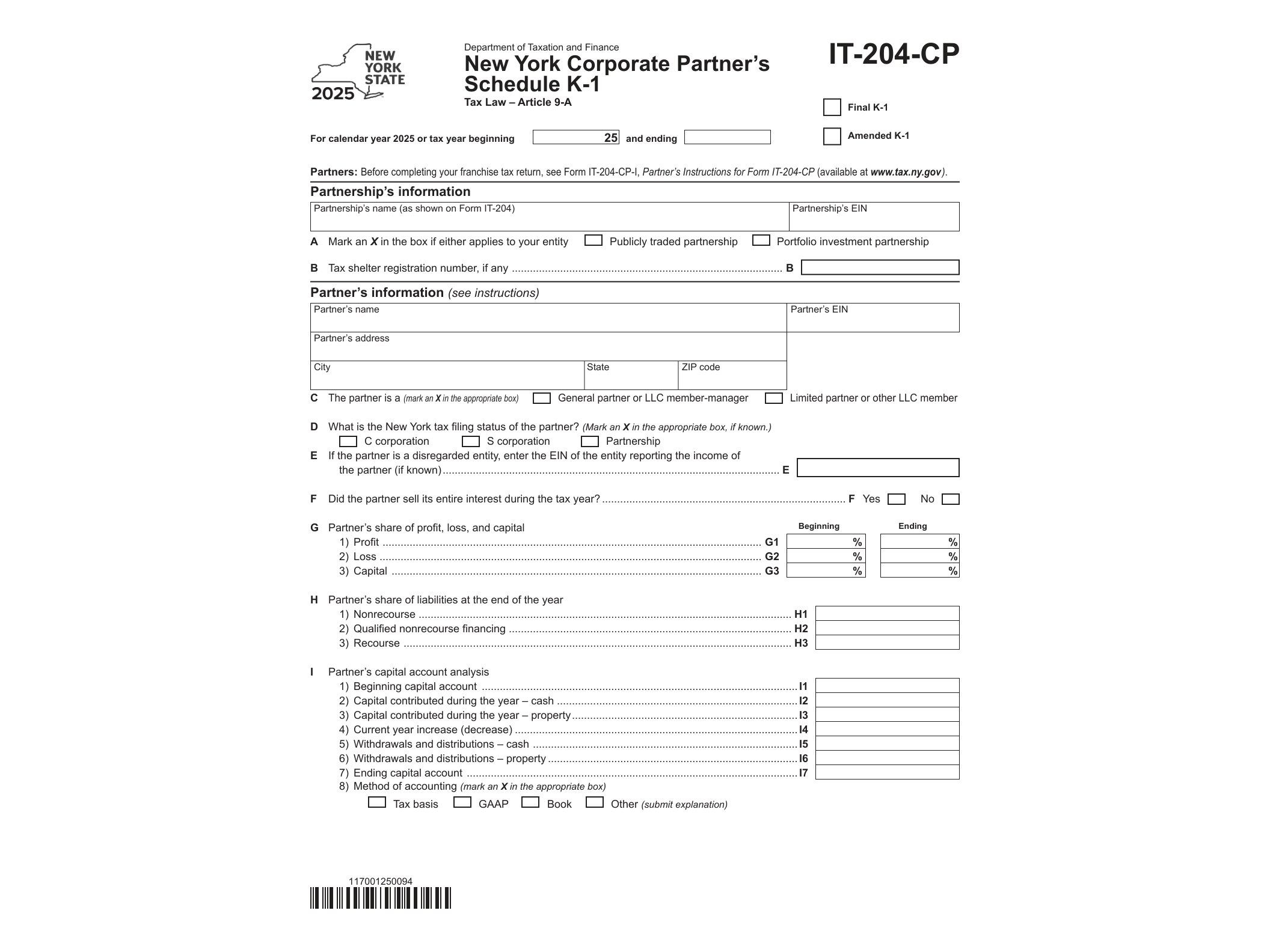 IT204CP Form IT-204-CP New York Corporate Partner’s Schedule K-1 Tax Year 2025 - official form preview, page 1