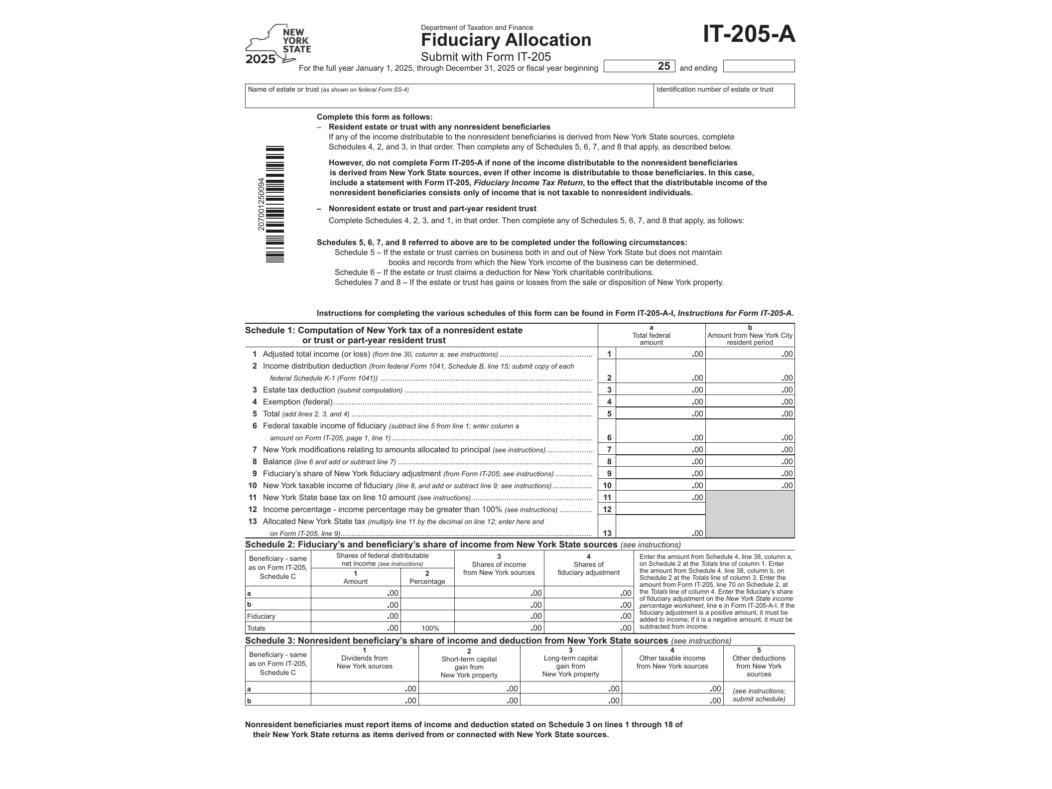 IT205A Form IT-205-A Fiduciary Allocation Tax Year 2025 - official form preview, page 1