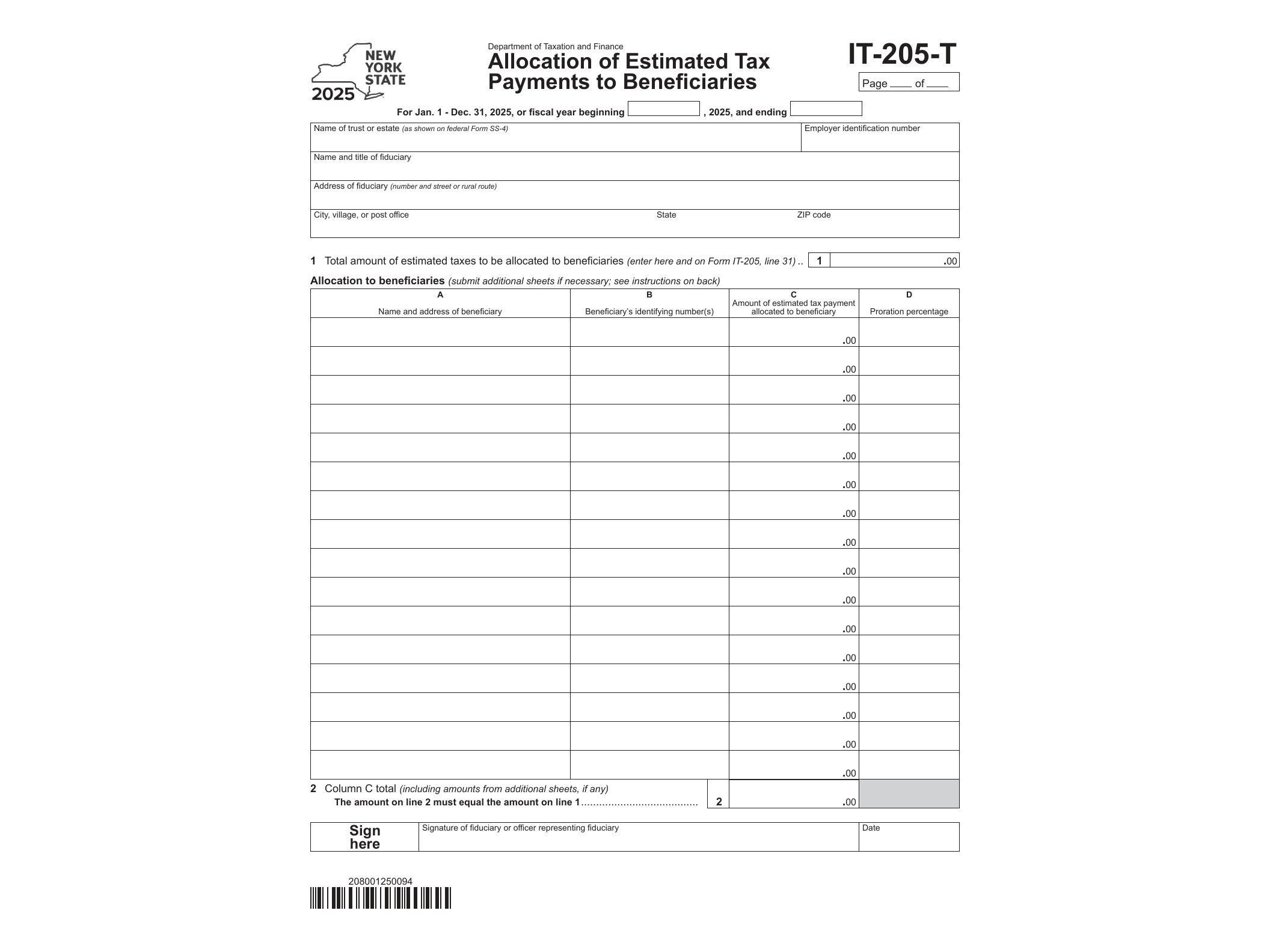 IT205T Form IT-205-T Allocation of Estimated Tax Payments to Beneficiaries Tax Year 2025 - official form preview, page 1