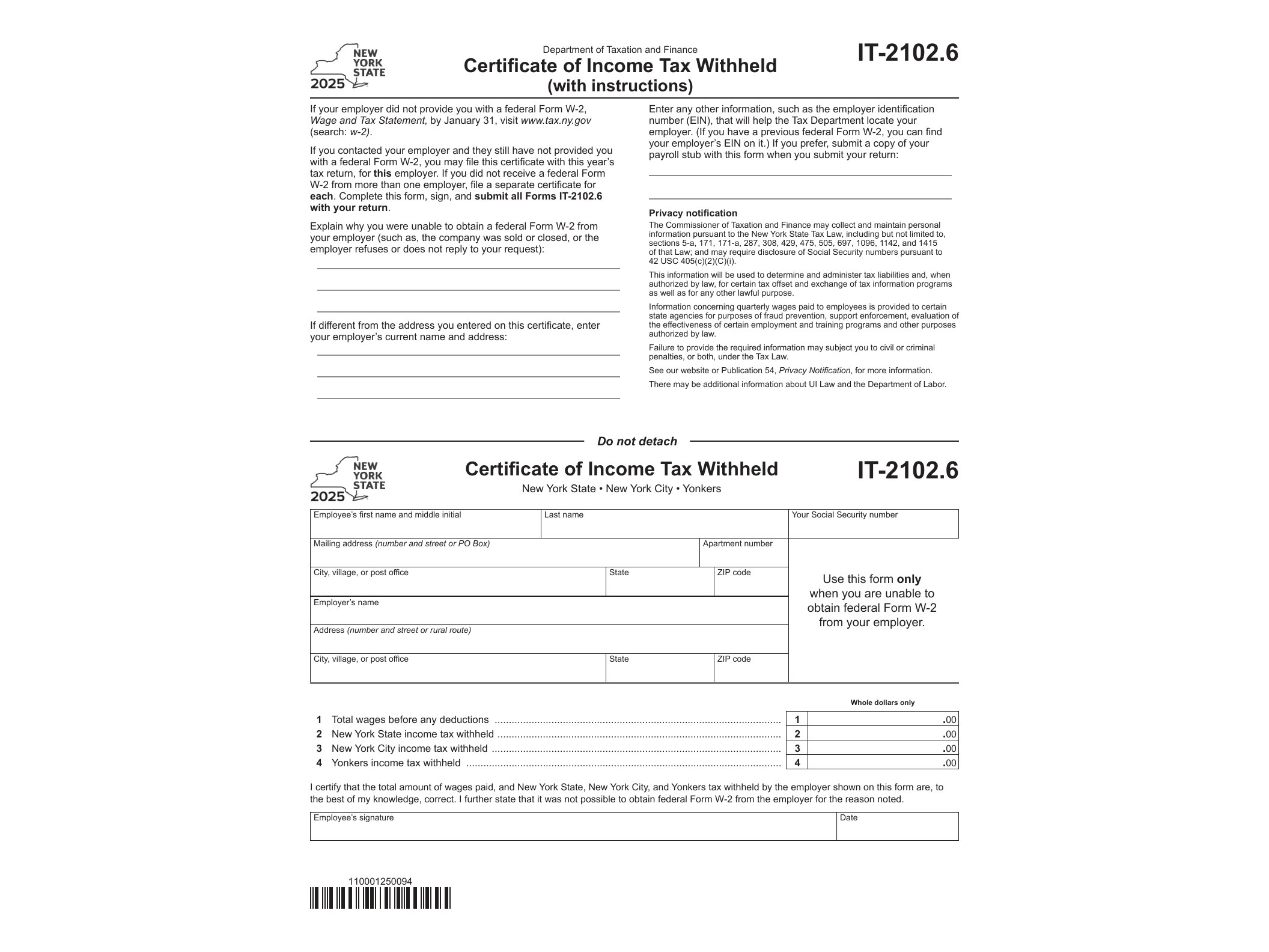 IT2102 Form IT-2102.6 Certificate of Income Tax Withheld Tax Year 2025 - official form preview, page 1