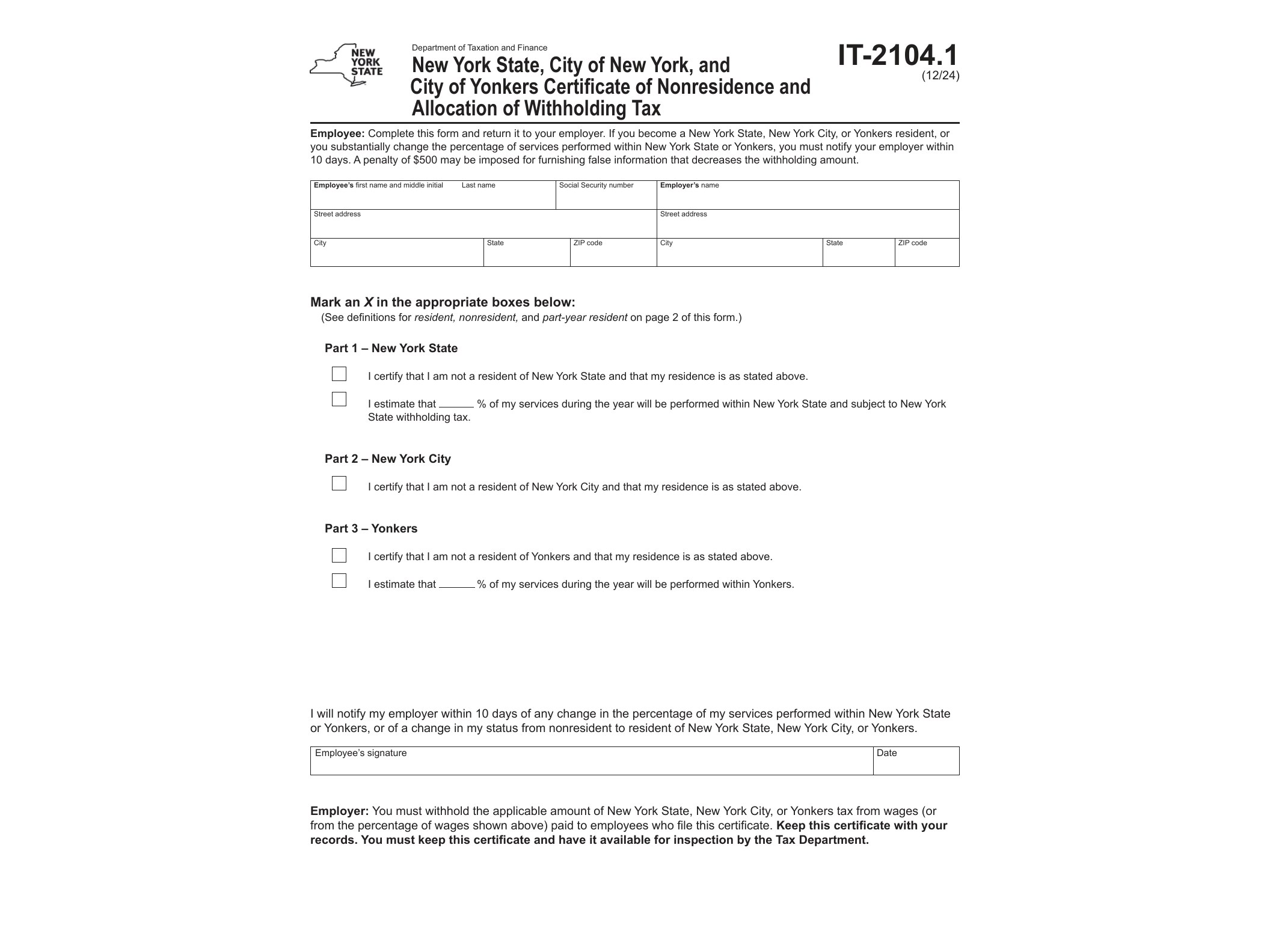 IT2104 Form IT-2104.1 New York State, City of New York, and City of Yonkers Certificate of Nonresidence and Allocation of Withholding Tax Revised 12/24 - official form preview, page 1
