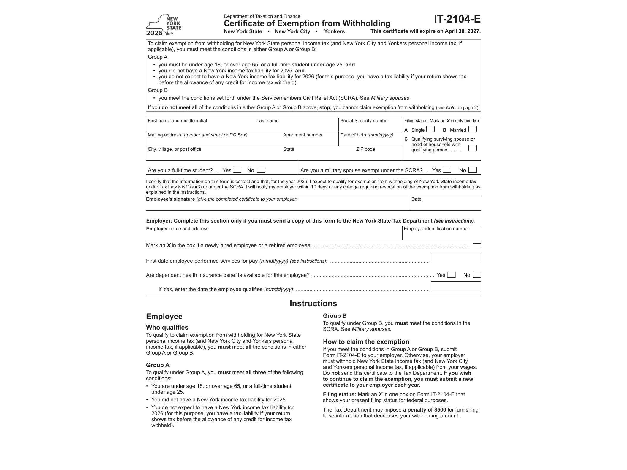 IT2104E Form IT-2104-E Certificate of Exemption from Withholding Year 2026 - official form preview, page 1