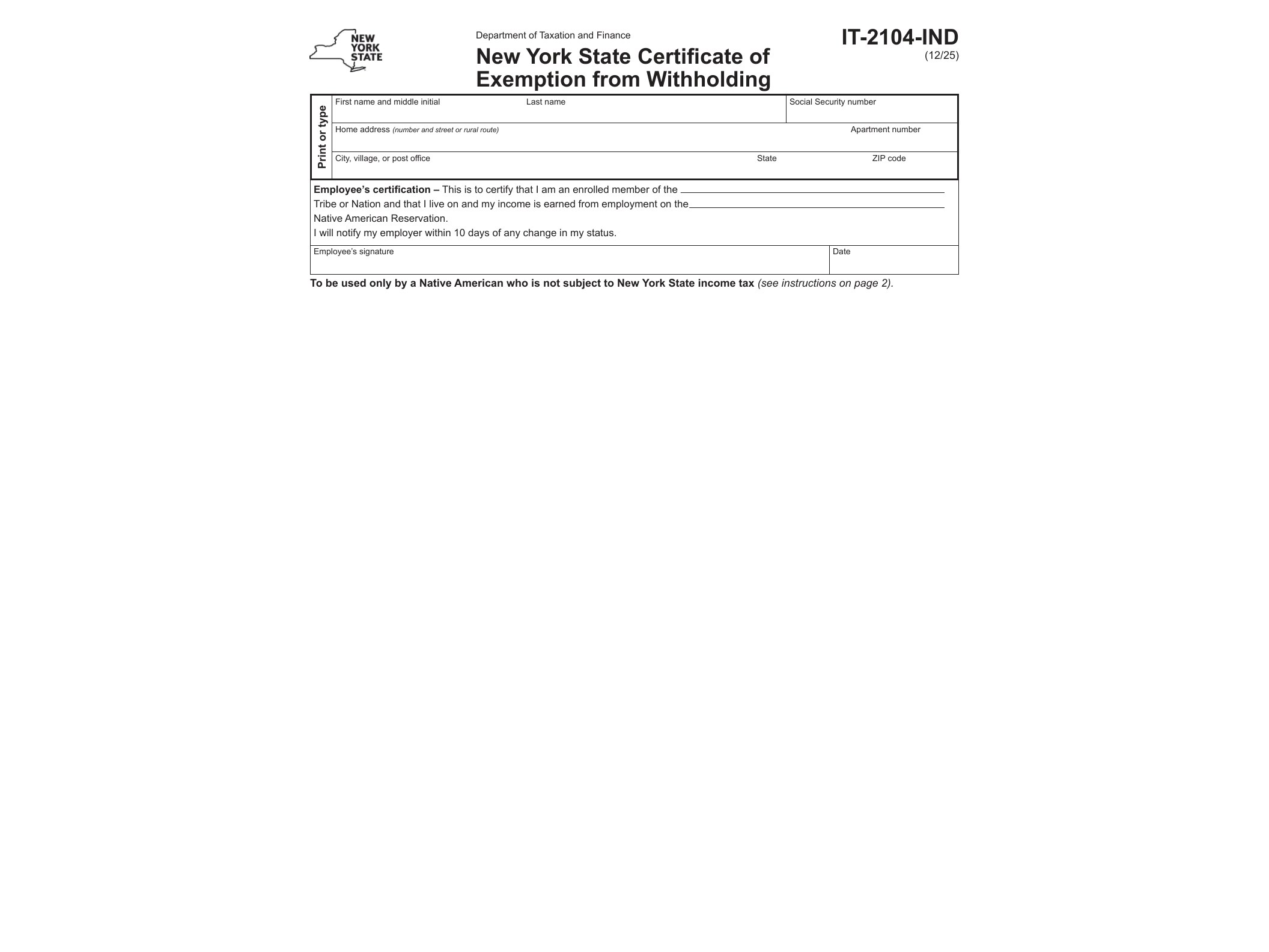 IT2104IND Form IT-2104-IND New York State Certificate of Exemption from Withholding Revised 12/25 - official form preview, page 1