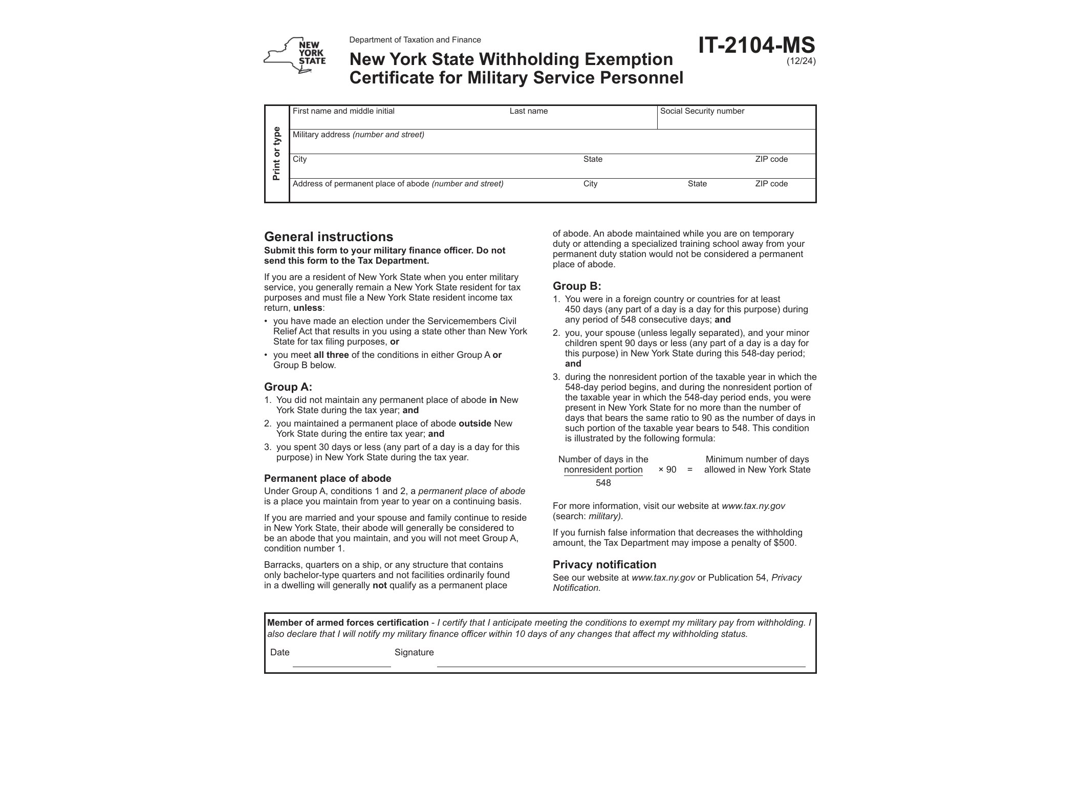 IT2104MS Form IT-2104-MS New York State Withholding Certificate for Military Service Personnel Revised 12/24 - official form preview, page 1