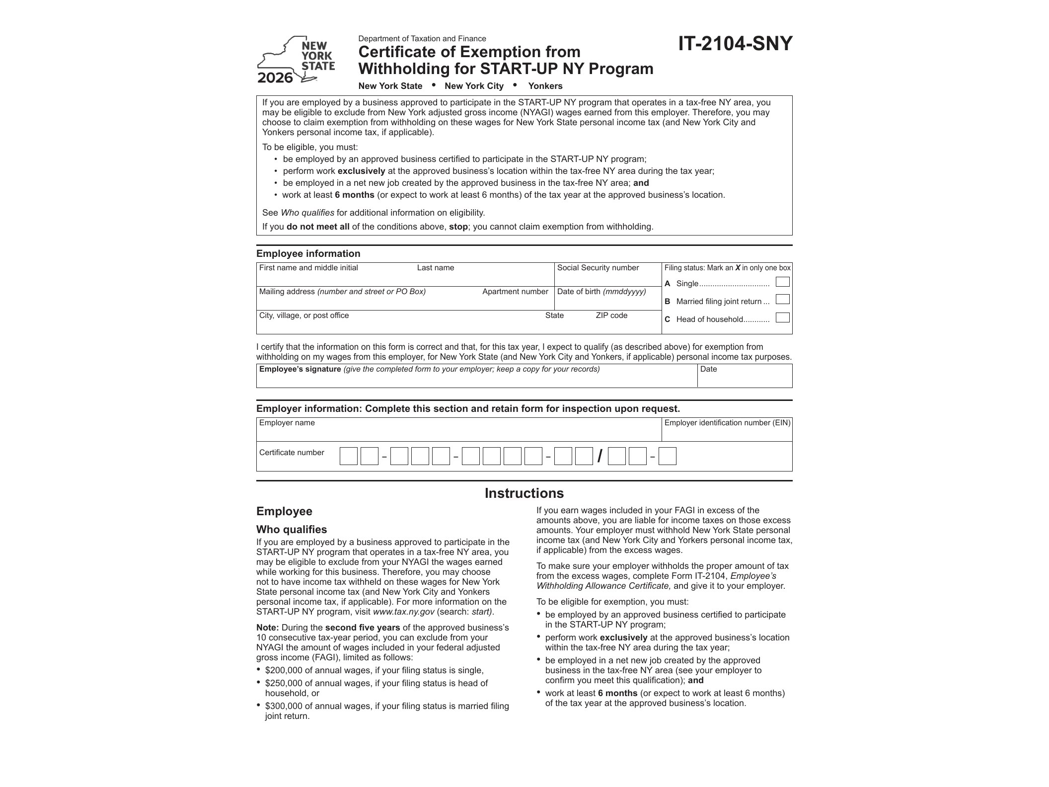 IT2104SNY Form IT-2104-SNY Certificate of Exemption from Withholding for START-UP NY Program Tax Year 2026 - official form preview, page 1