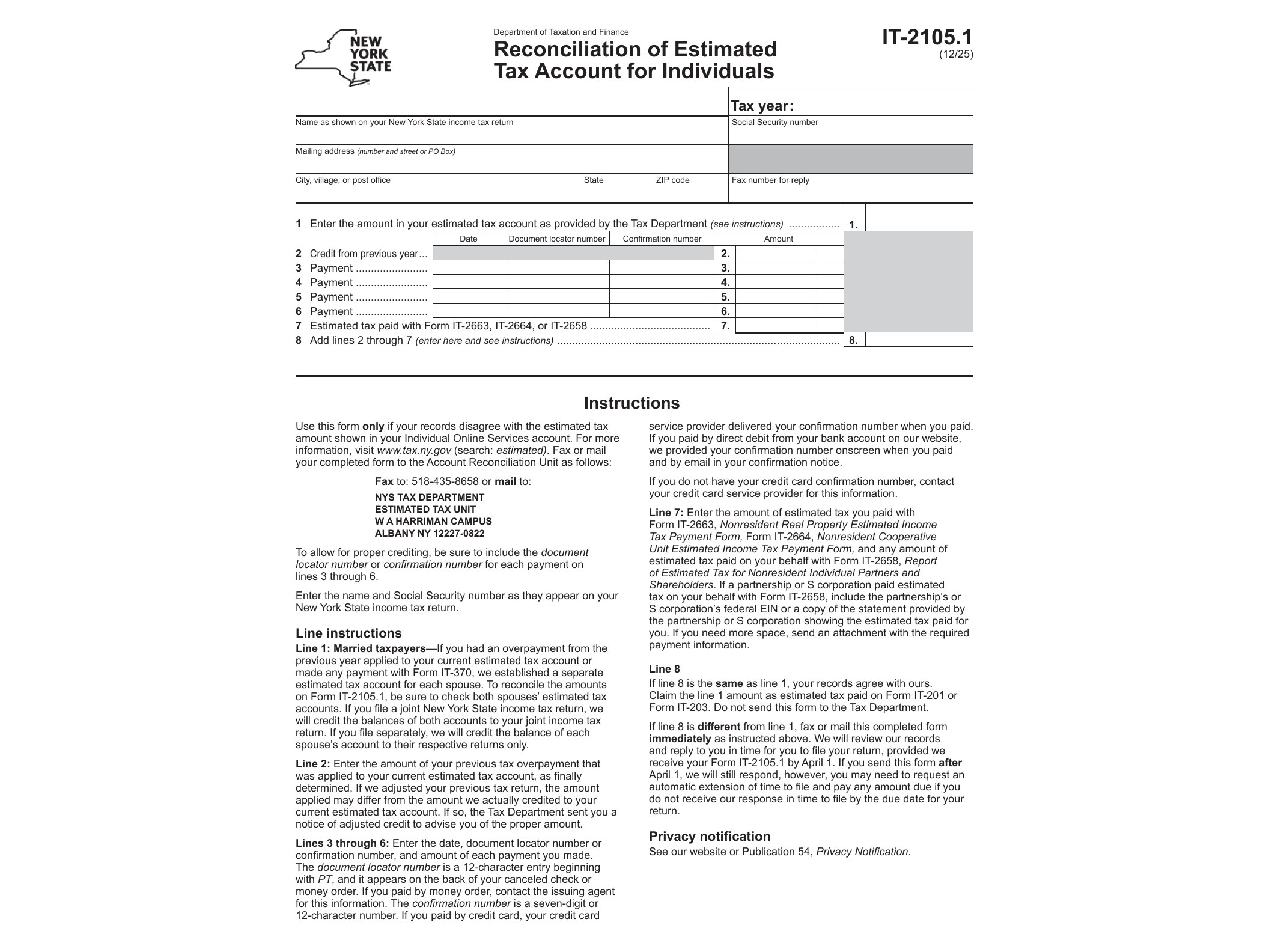 IT2105 Form IT-2105.1 Reconciliation of Estimated Income Tax Account for Individuals Revised 12/25 - official form preview, page 1