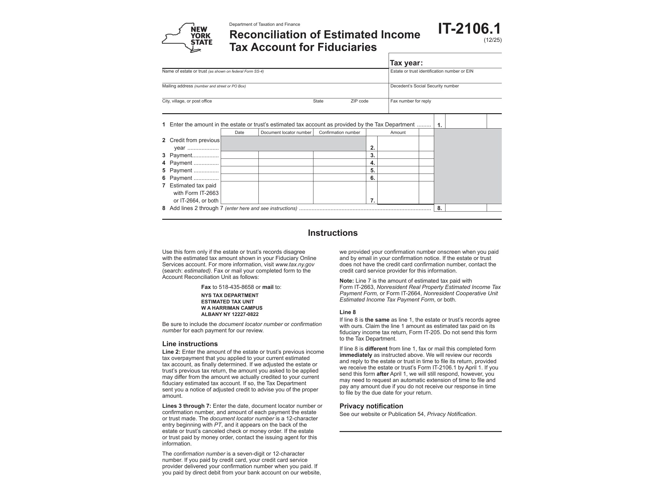 IT2106 Form IT-2106.1 Reconciliation of Estimated Income Tax Account for Fiduciaries Revised 12/25 - official form preview, page 1