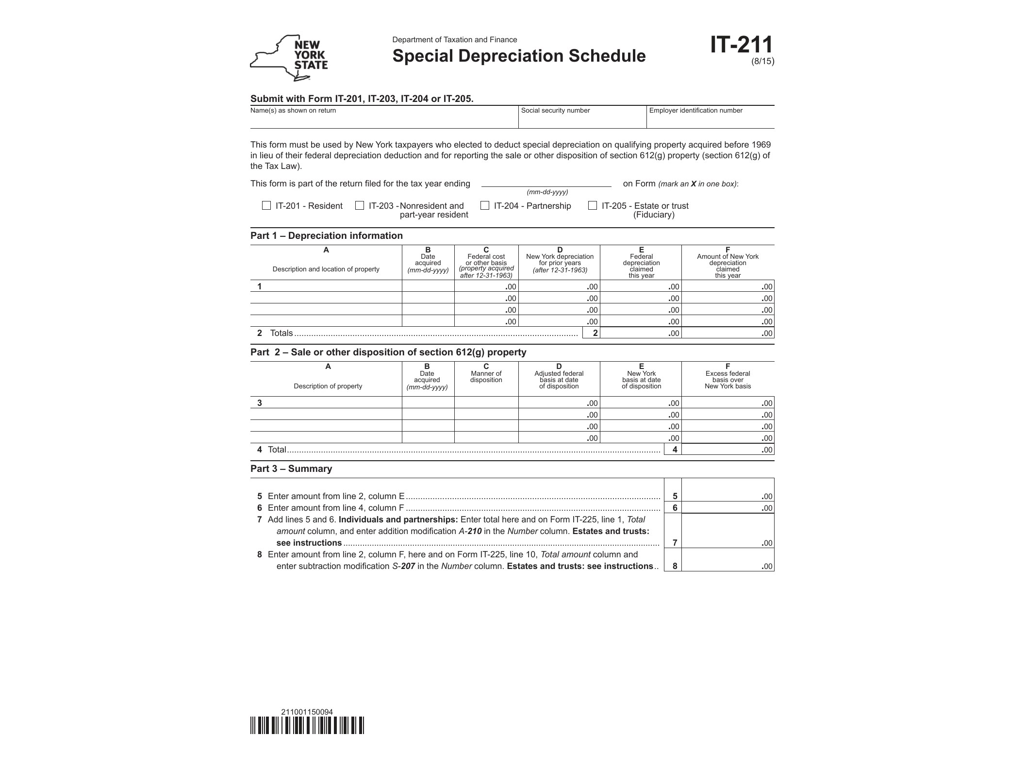 IT211 Form IT-211:8/15:Special Depreciation Schedule:IT211 - official form preview, page 1