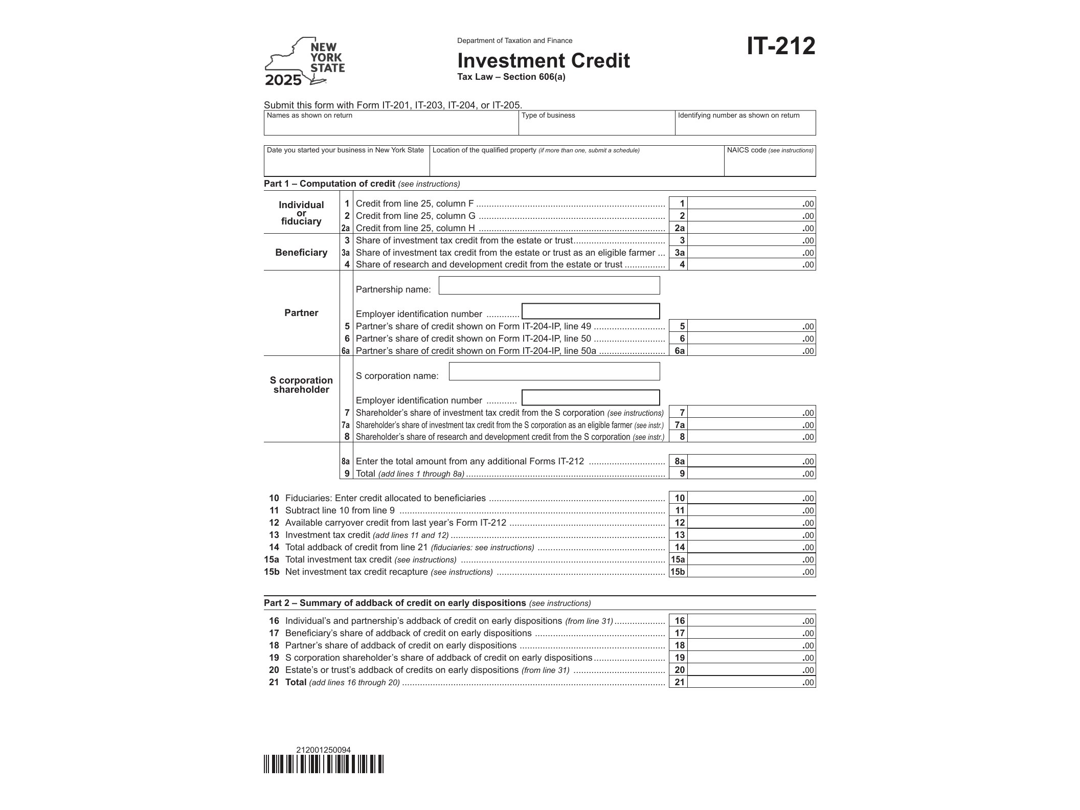 IT212 Form IT-212 Investment Credit Tax Year 2025 - official form preview, page 1