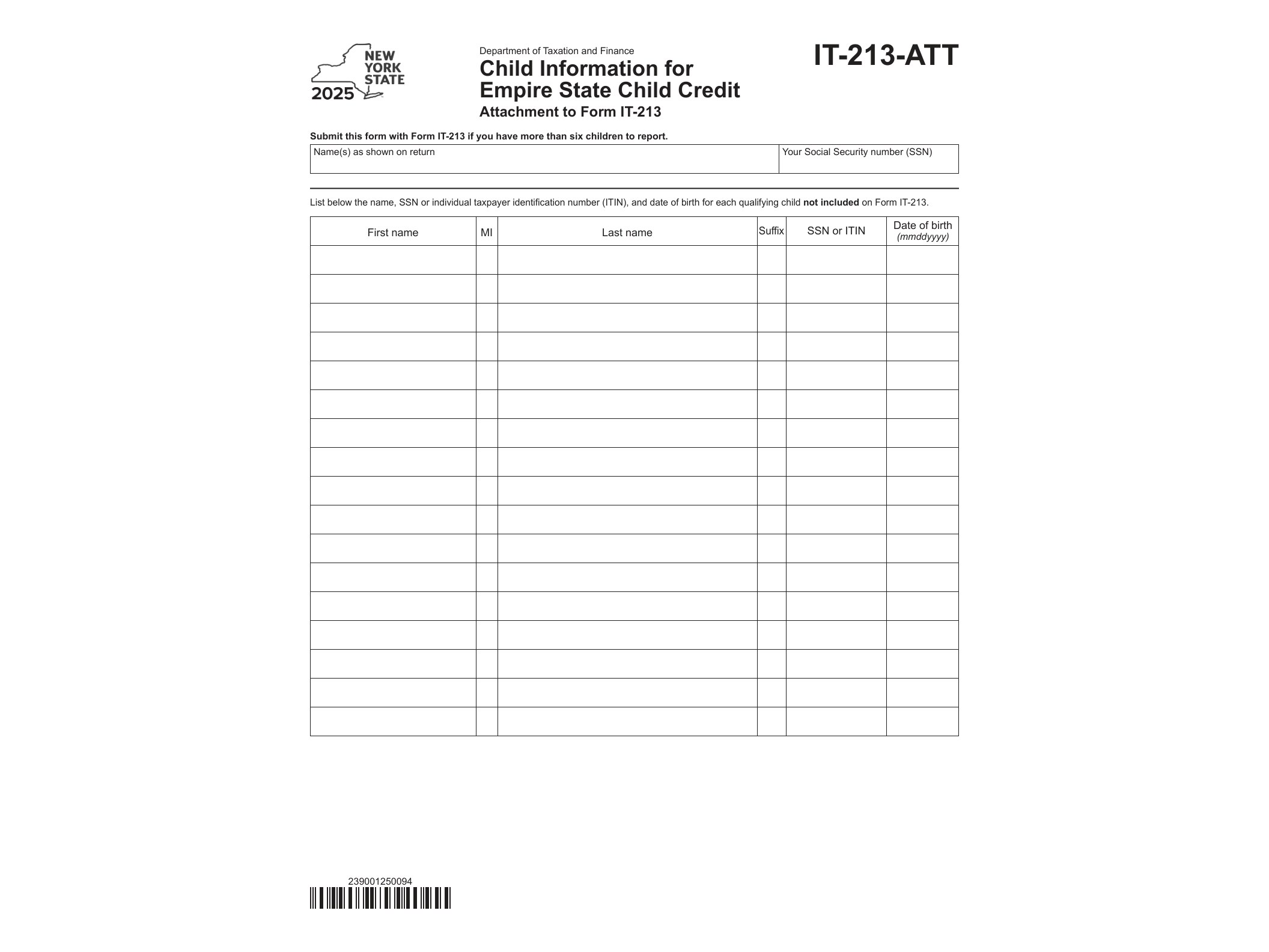 IT213ATT Form IT-213-ATT Child Information for Empire State Child Credit Tax Year 2025 - official form preview, page 1