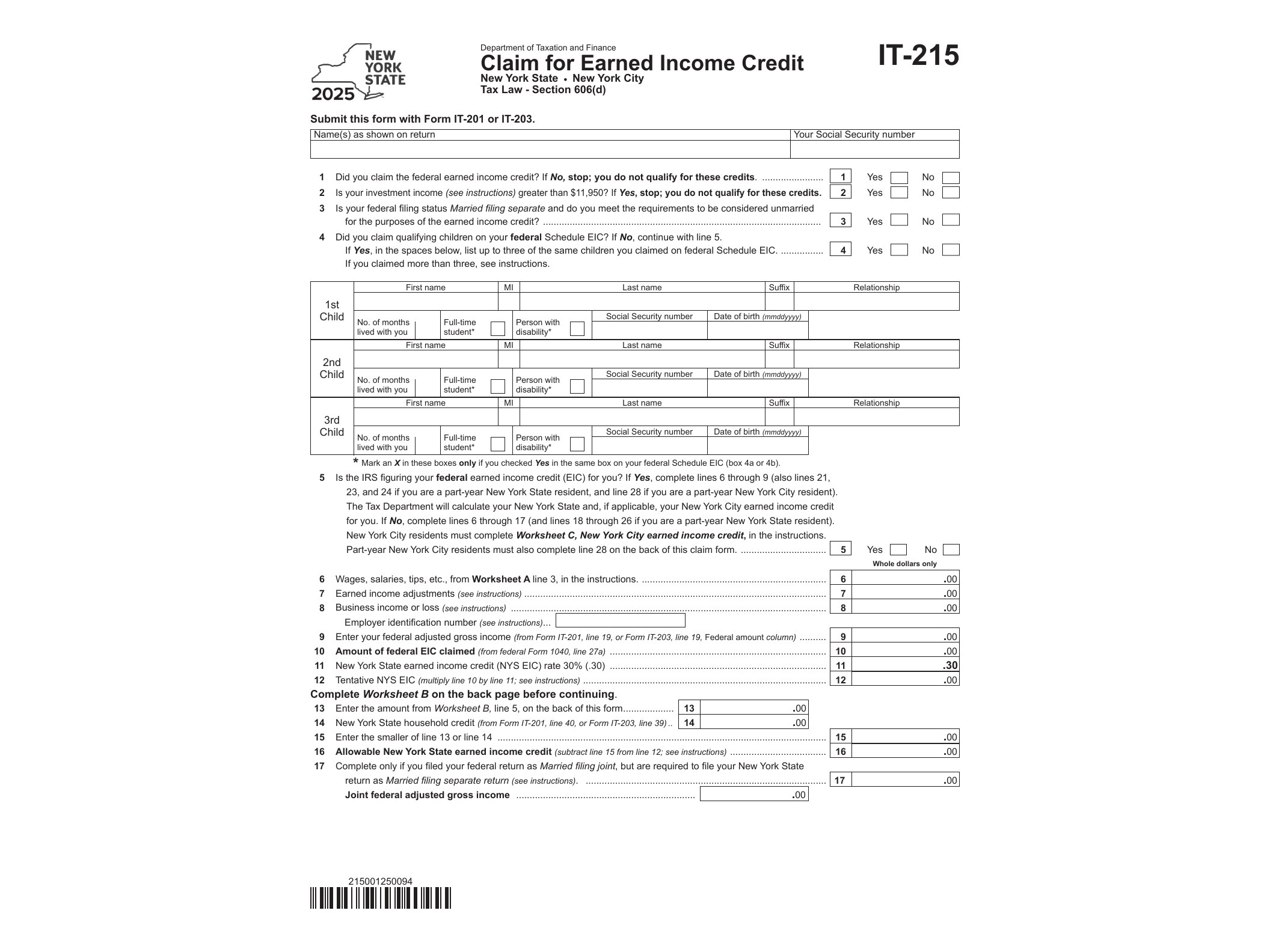 IT215 Form IT-215 Claim for Earned Income Credit Tax Year 2025 - official form preview, page 1