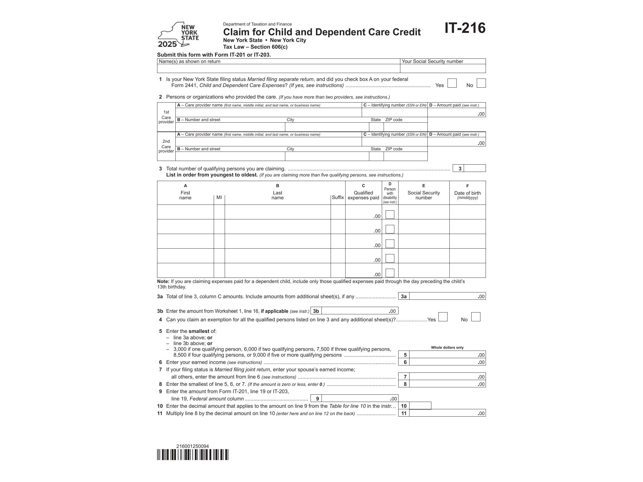 IT216 Form IT-216 Claim for Child and Dependent Care Credit Tax Year 2025 - official form preview, page 1