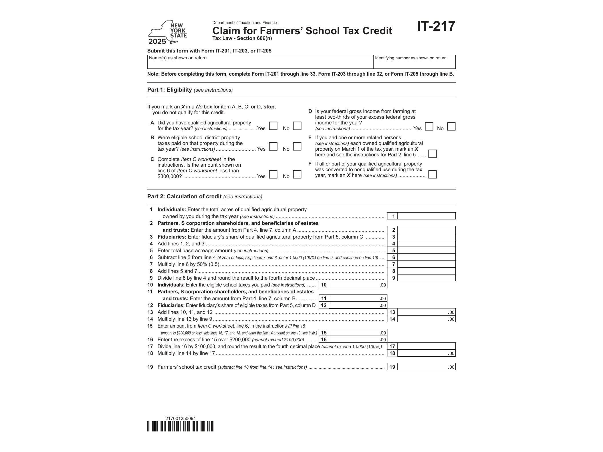 IT217 Form IT-217 Claim for Farmers' School Tax Credit Tax Year 2025 - official form preview, page 1