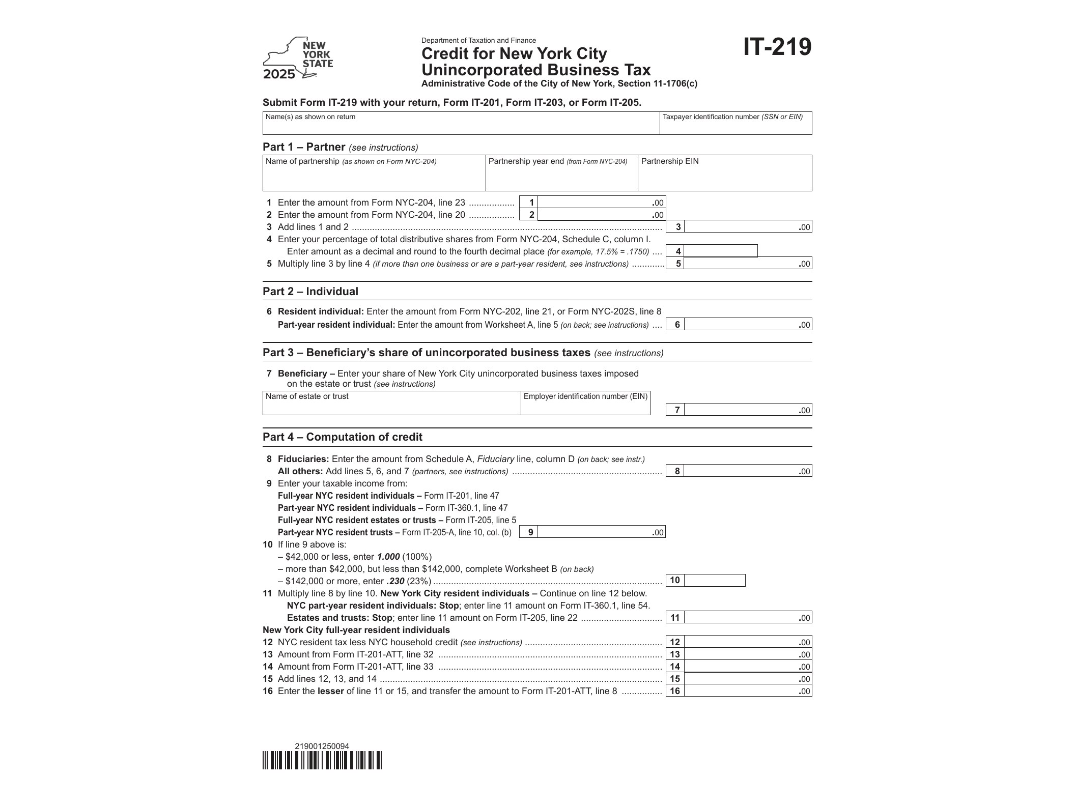 IT219 Form IT-219 Credit for New York City Unincorporated Business Tax Tax Year 2025 - official form preview, page 1