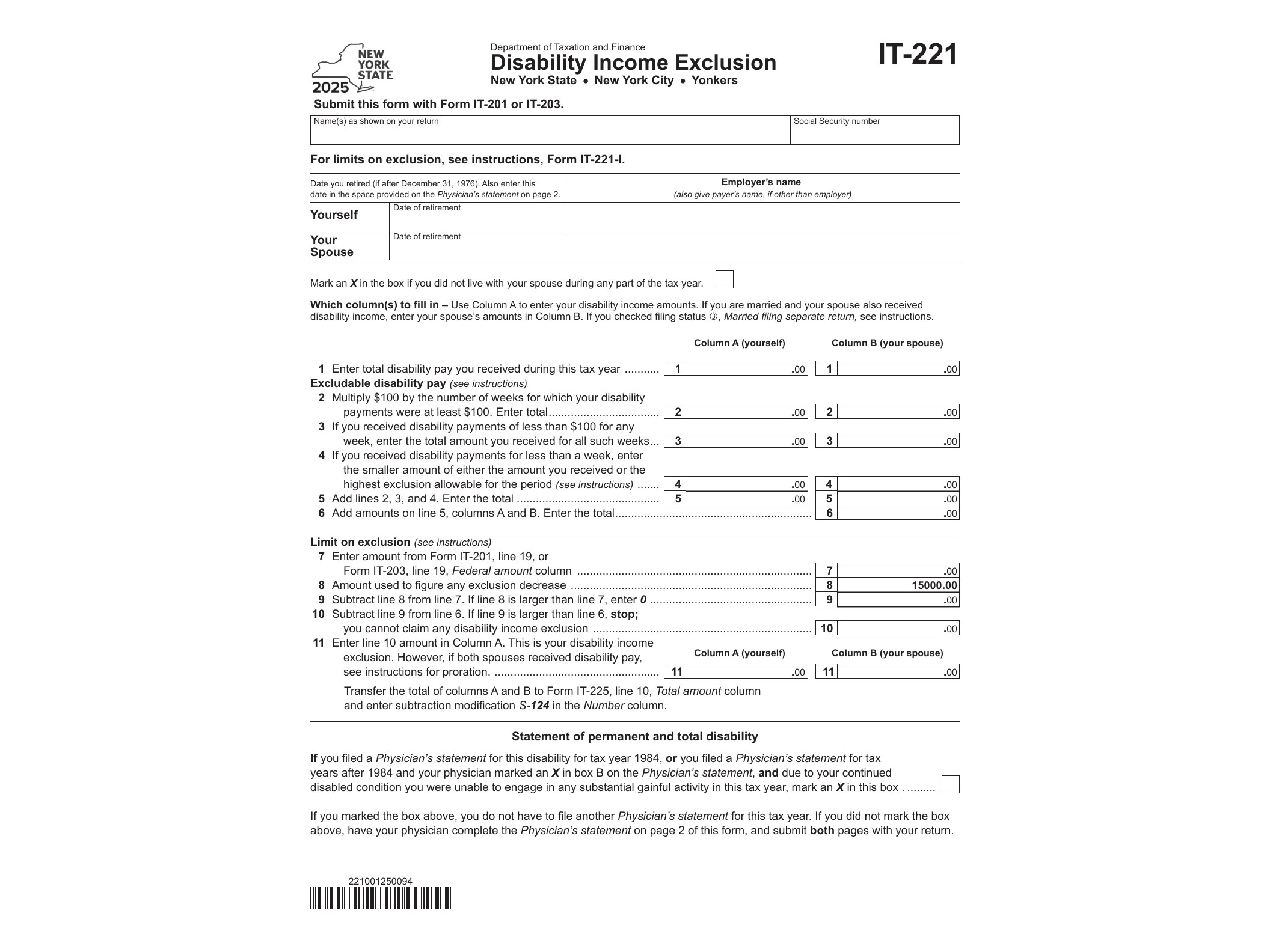 IT221 Form IT-221 Disability Income Exclusion Tax Year 2025 - official form preview, page 1