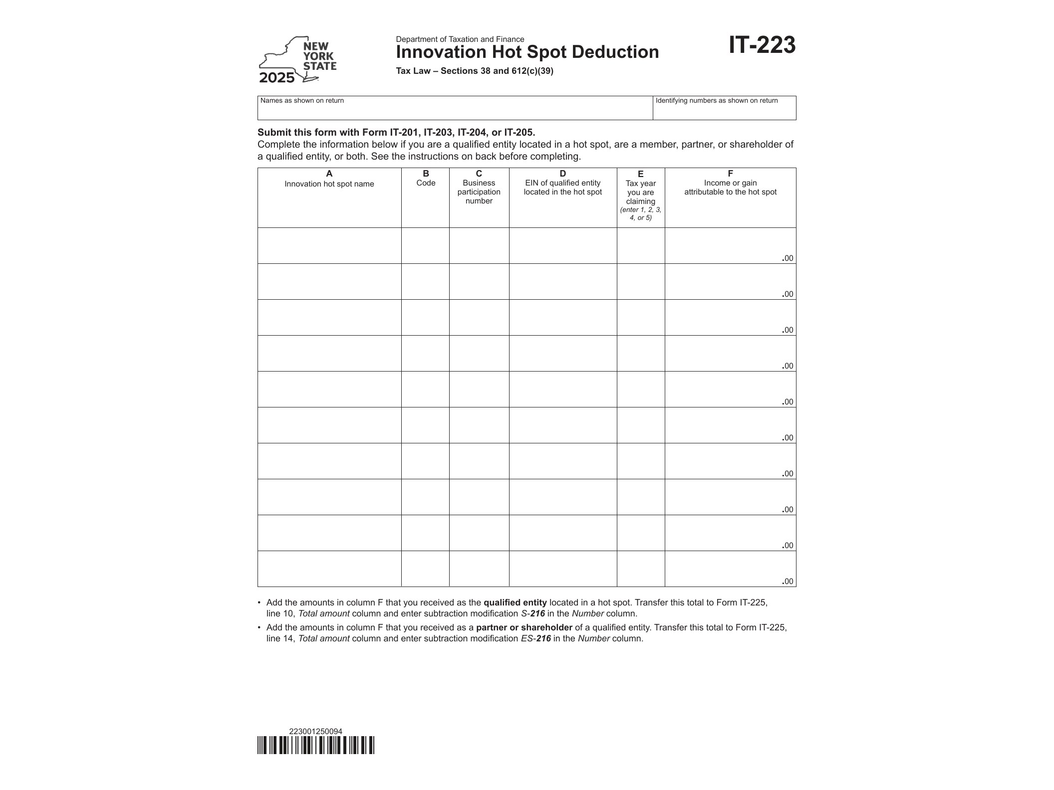 IT223 Form IT-223 Innovation Hot Spot Deduction Tax Year 2025 - official form preview, page 1