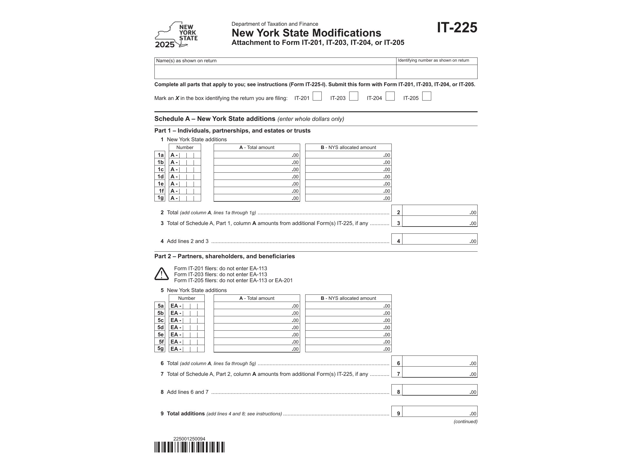 IT225 Form IT-225 New York State Modifications Tax Year 2025 - official form preview, page 1