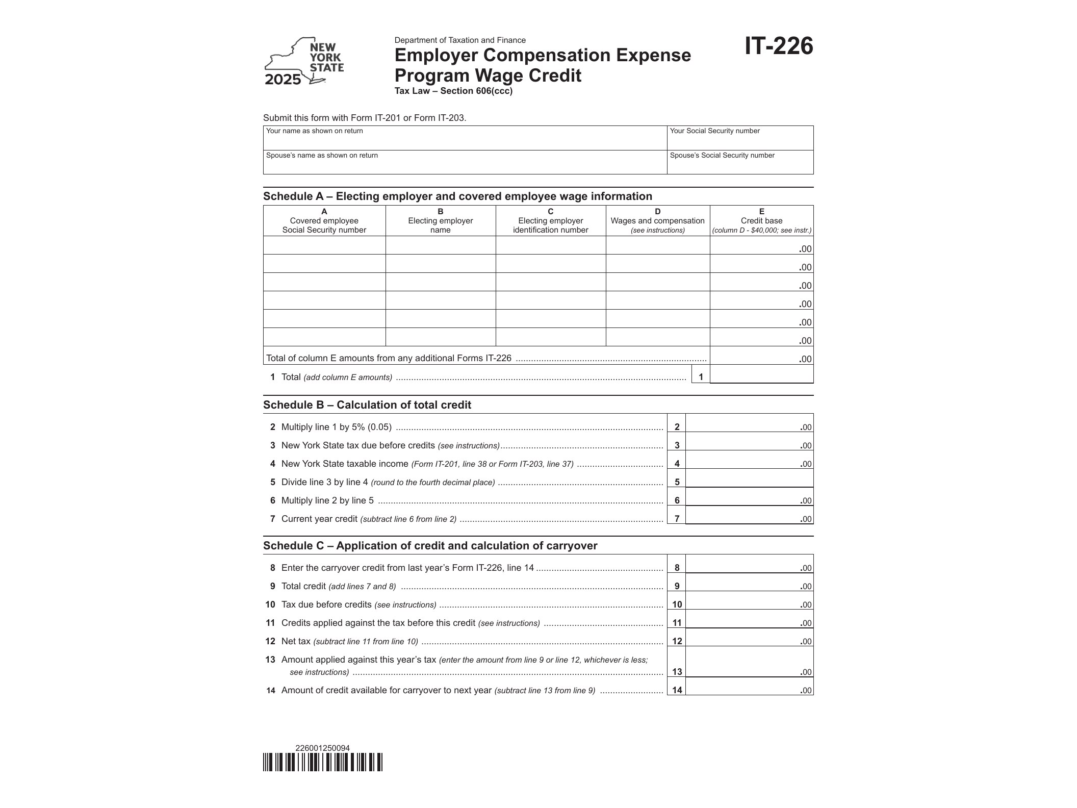 IT226 Form IT-226 Employer Compensation Expense Program Wage Credit Tax Year 2025 - official form preview, page 1