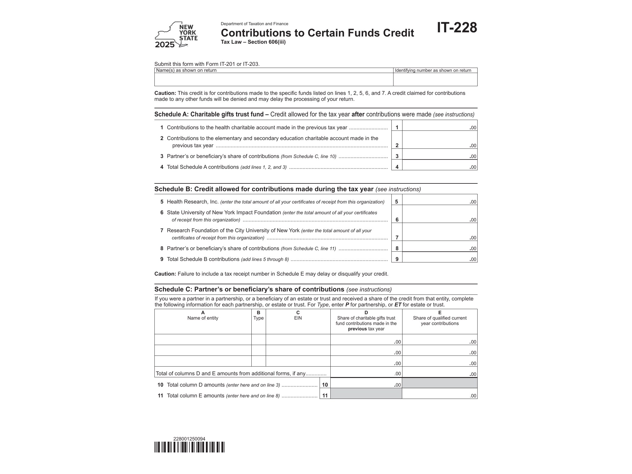 IT228 Form IT-228 Contributions to Certain Funds Credit Tax Year 2025 - official form preview, page 1