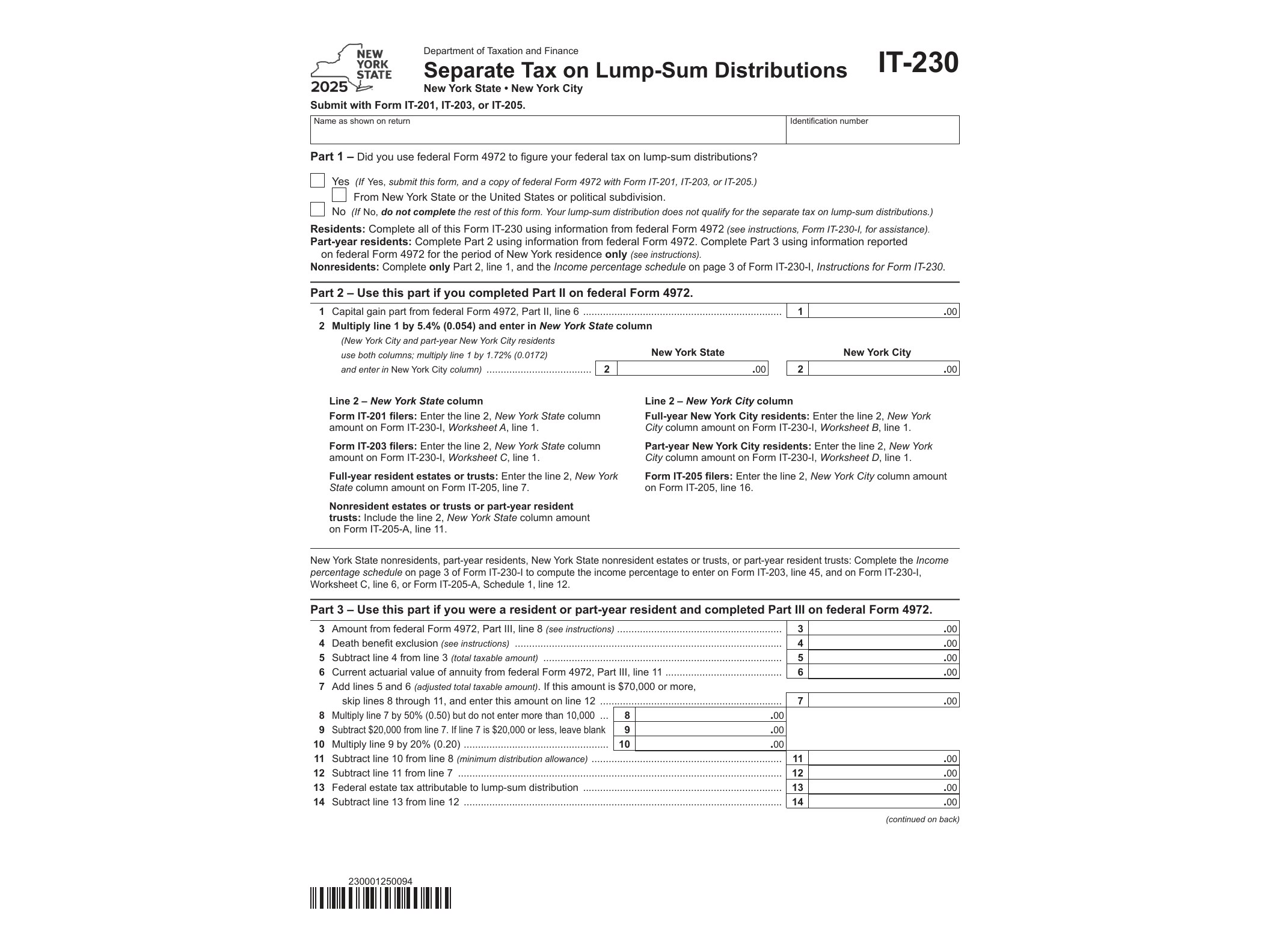IT230 Form IT-230 Separate Tax on Lump-Sum Distributions Tax Year 2025 - official form preview, page 1