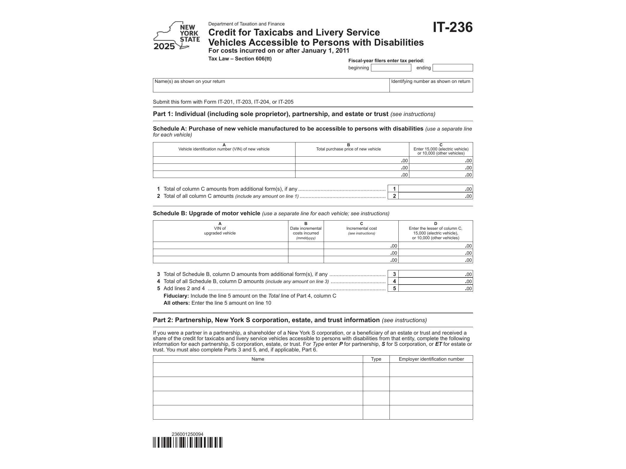 IT236 Form IT-236 Credit for Taxicabs and Livery Service Vehicles Accessible to Persons with Disabilities Tax Year 2025 - official form preview, page 1