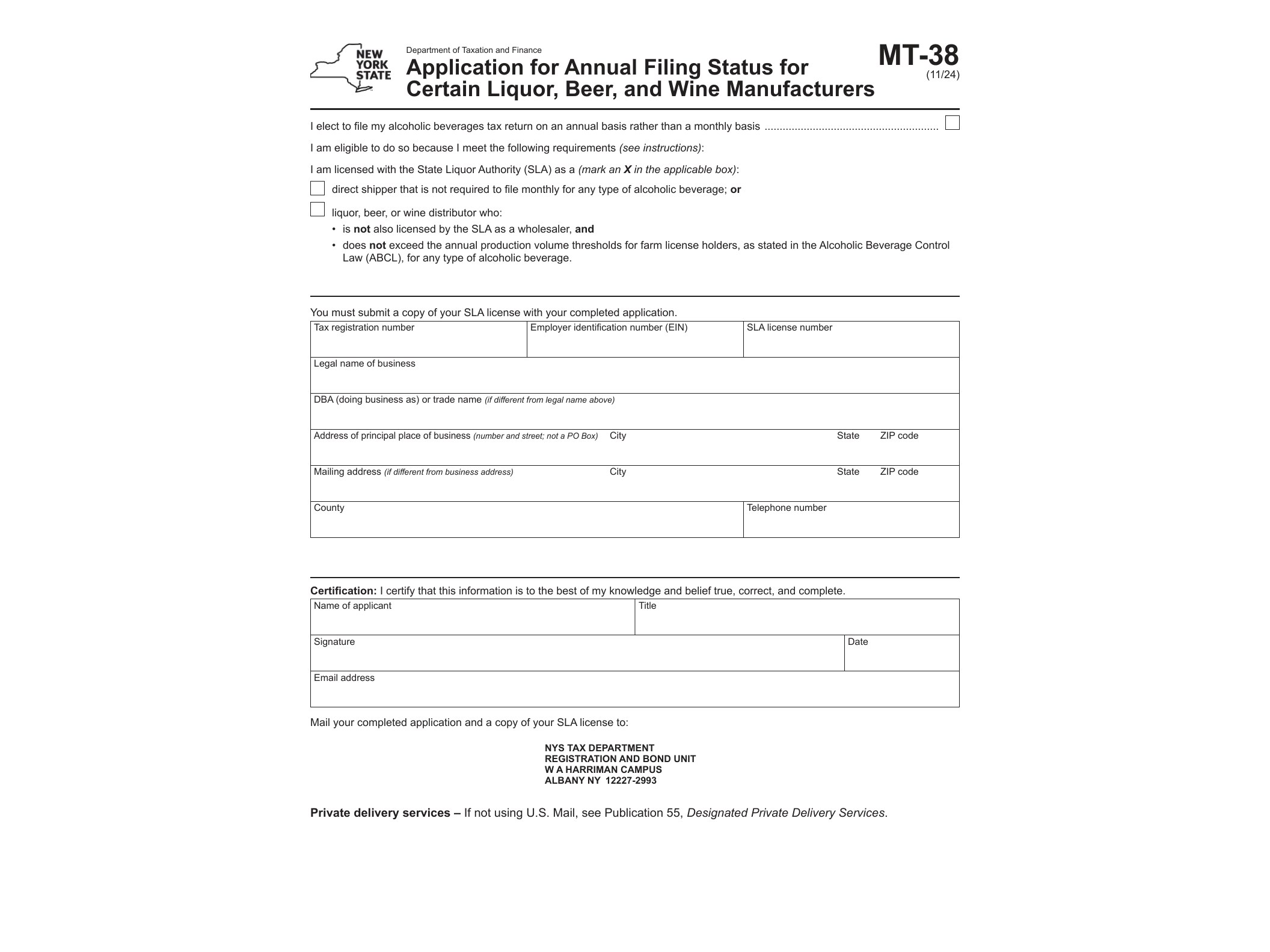 MT38 Form MT-38 Application for Annual Filing Status for Certain Liquor, Beer, and Wine Manufacturers Revised 11/24 - official form preview, page 1