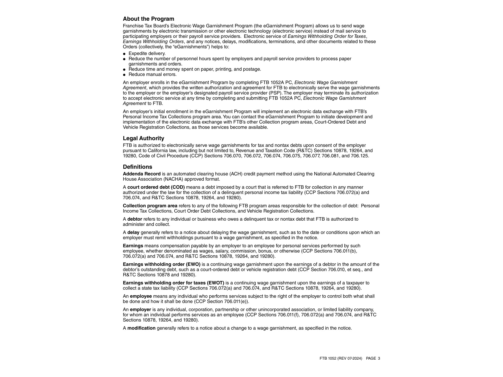 1052 FTB 1052 Electronic Wage Garnishment Program Participation Guide (REV 07-2024) - official form preview, page 1