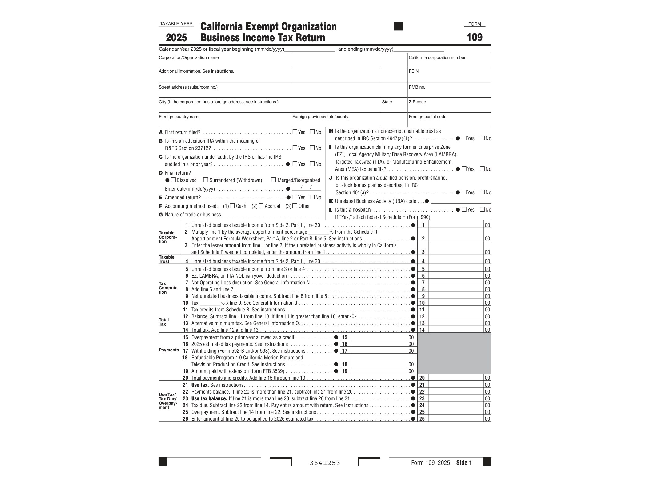 109 2024 FORM 109 California Exempt Organization Business Income Tax Return - official form preview, page 1