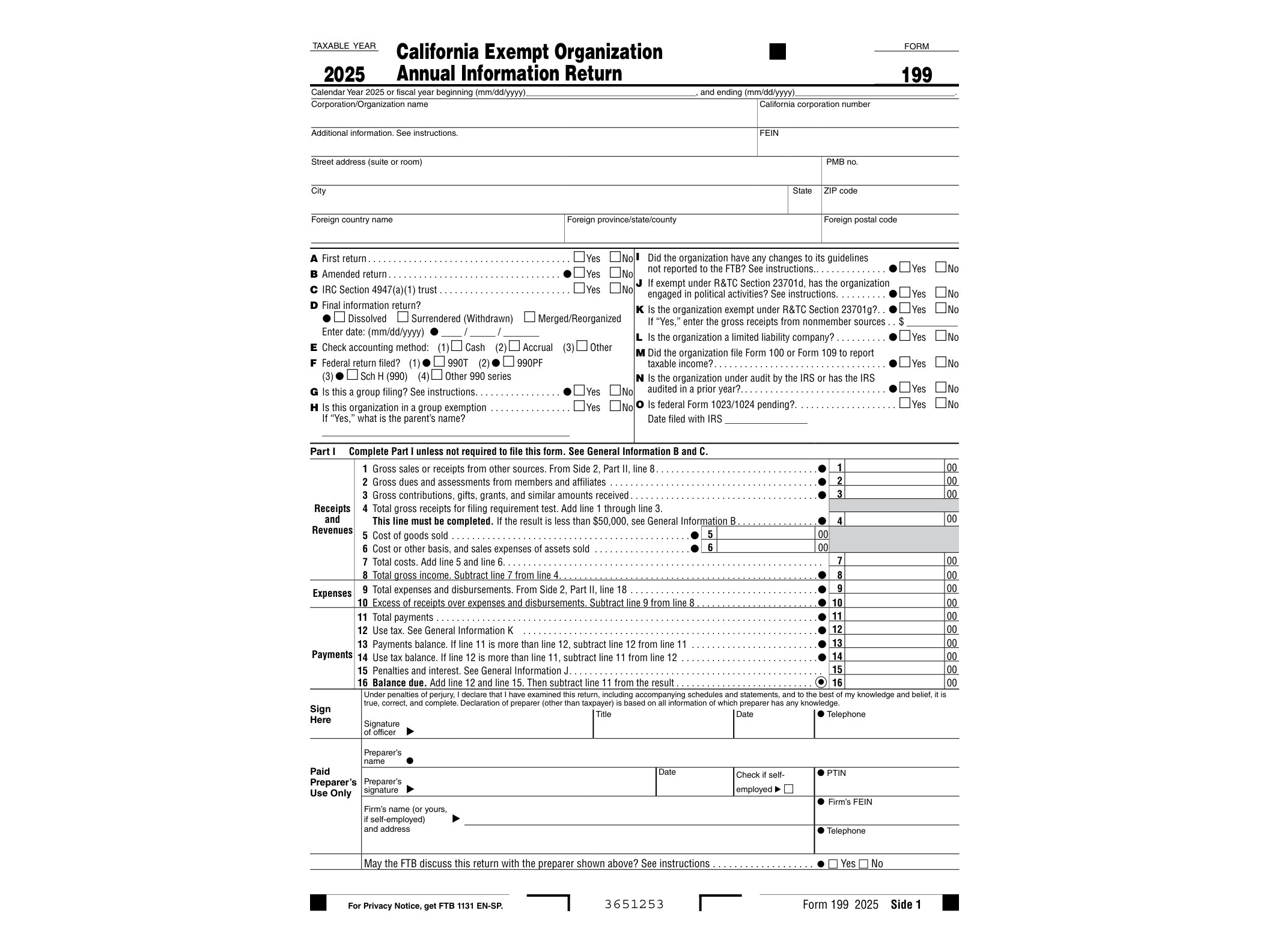 199 2023 Form 199 California Exempt Organization Annual Information Return - official form preview, page 1