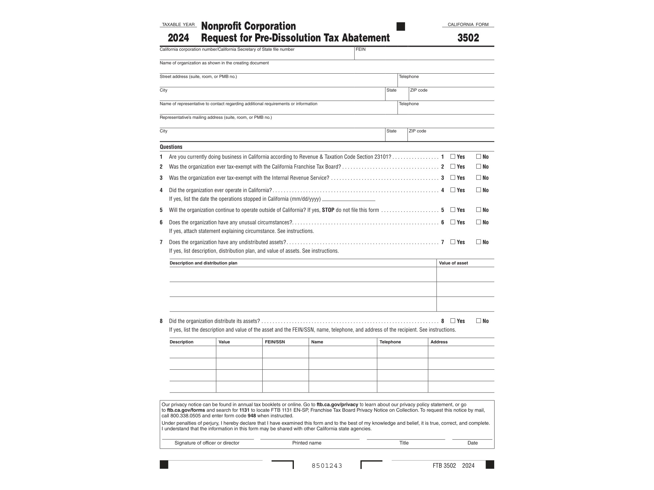 3502 2024 Form 3502 Nonprofit Corporation Request for Pre-Dissolution Tax Abatement - official form preview, page 1