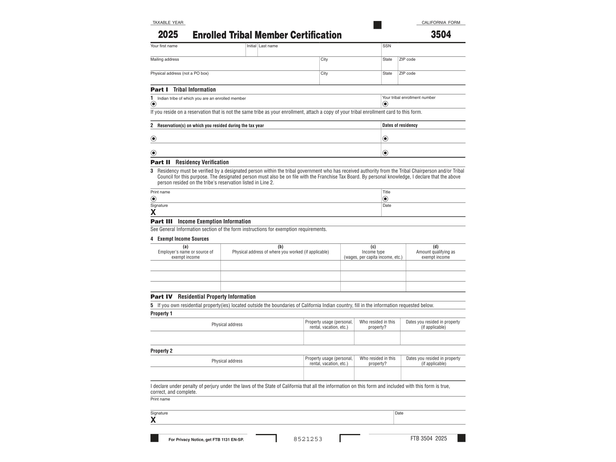 3504 2022 California Form 3504 Enrolled Tribal Member Certification - official form preview, page 1