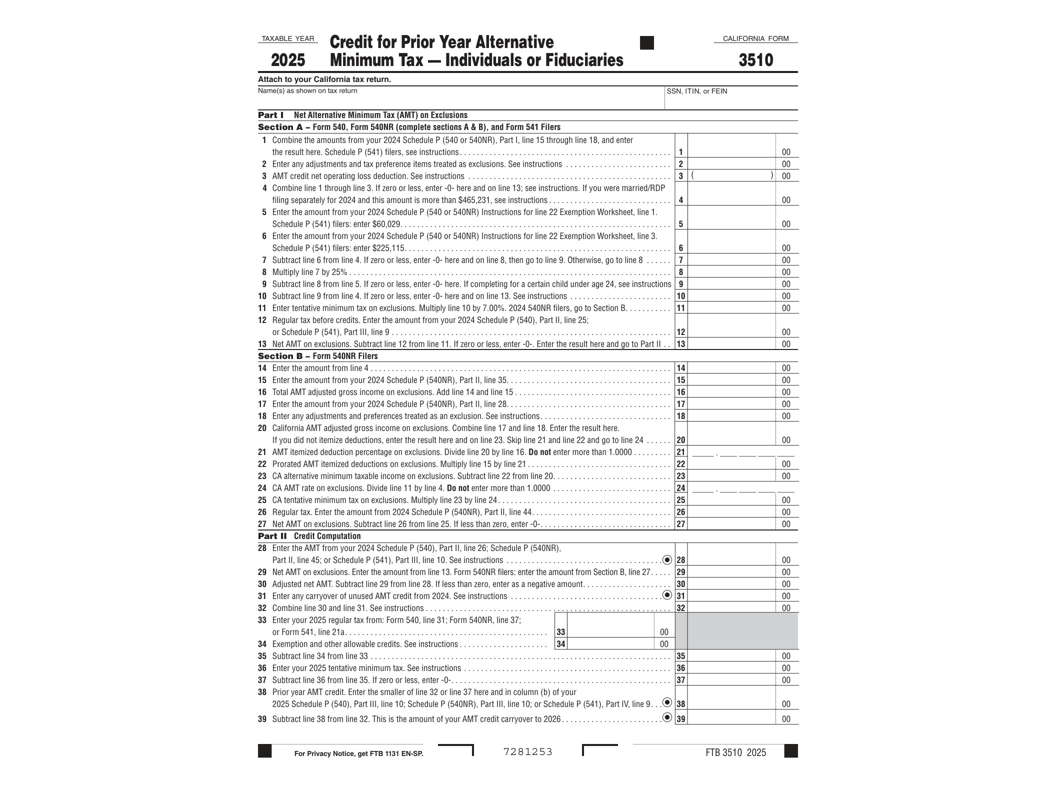 3510 2024 Form 3510 Credit for Prior Year Alternative Minimum Tax — Individuals or Fiduciaries - official form preview, page 1