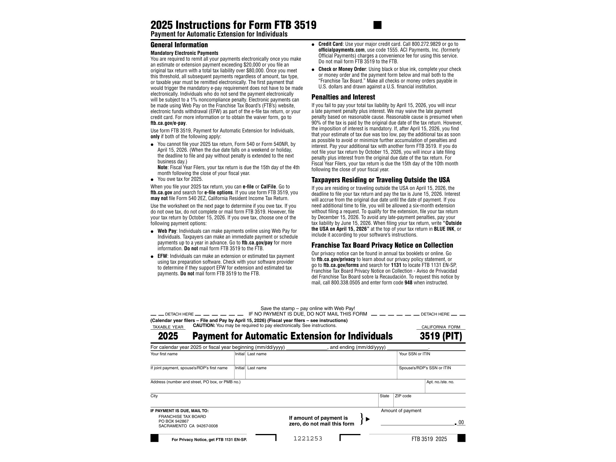 3519 2022 Form FTB 3519 Payment for Automatic Extension for Individuals - official form preview, page 1