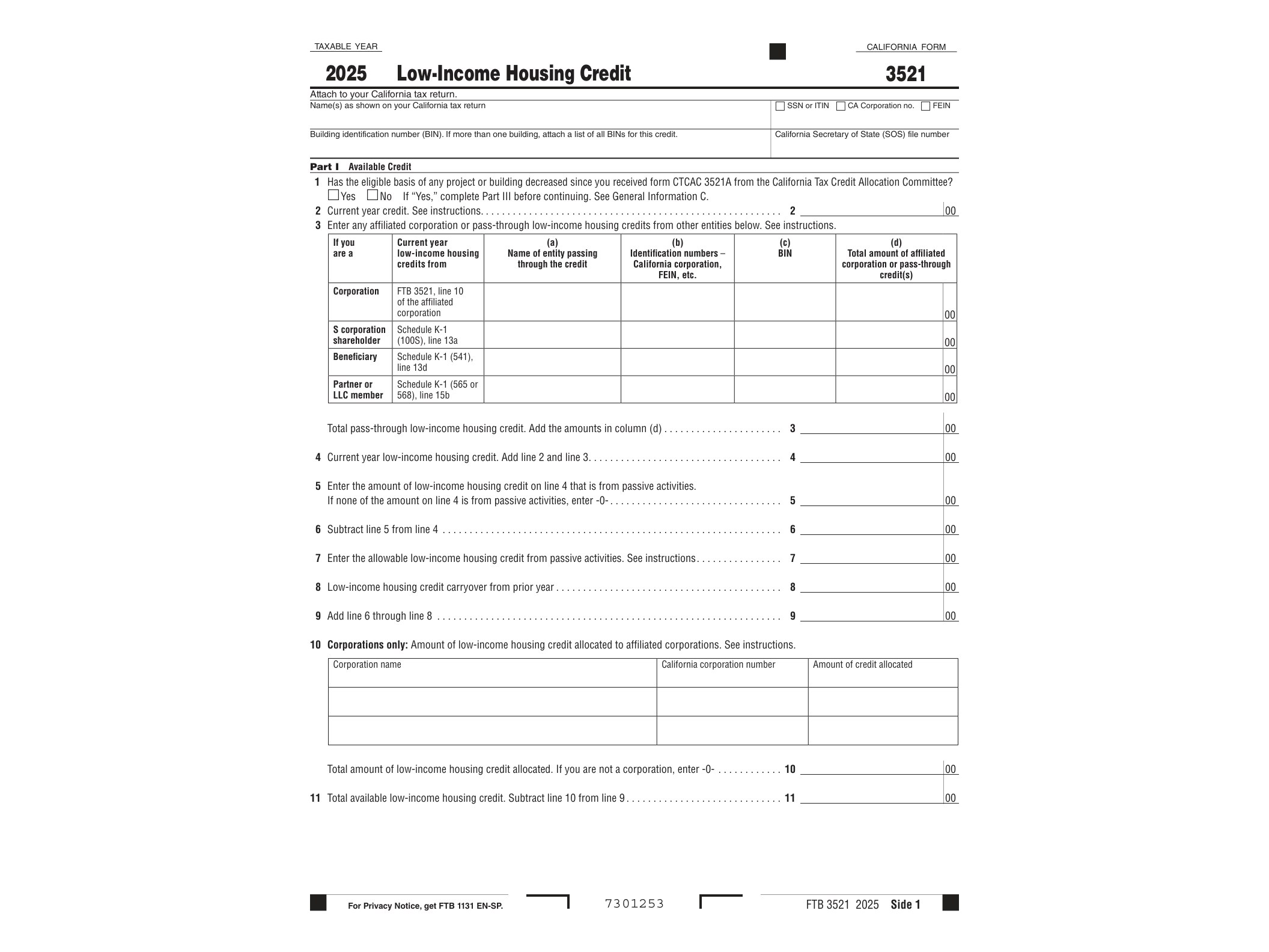 3521 2024 FORM 3521 Low-Income Housing Credit - official form preview, page 1