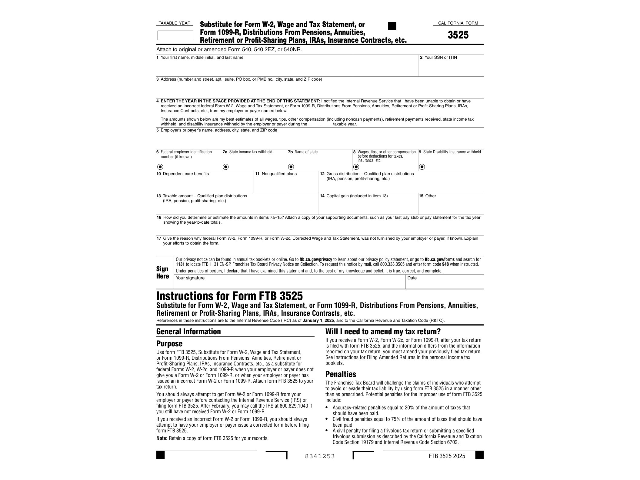 3525 2023 California Form 3525 Substitute for Form W-2, Wage and Tax Statement, or Form 1099-R, Distributions From Pensions, Annuities, Retirement or Profit-Sharing Plans, IRAs, Insurance Contracts, etc. - official form preview, page 1
