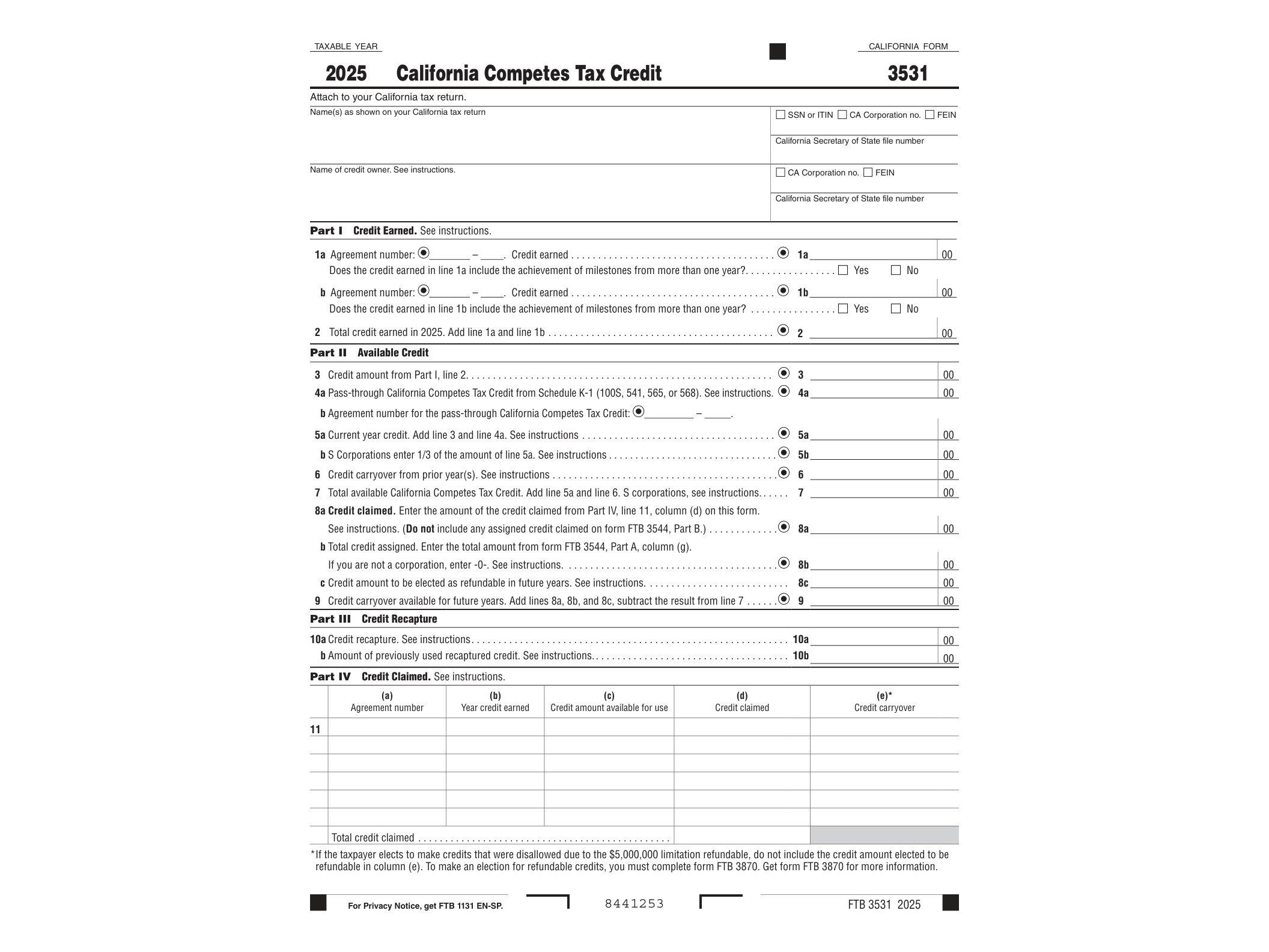 3531 2024 FORM 3531 California Competes Tax Credit - official form preview, page 1