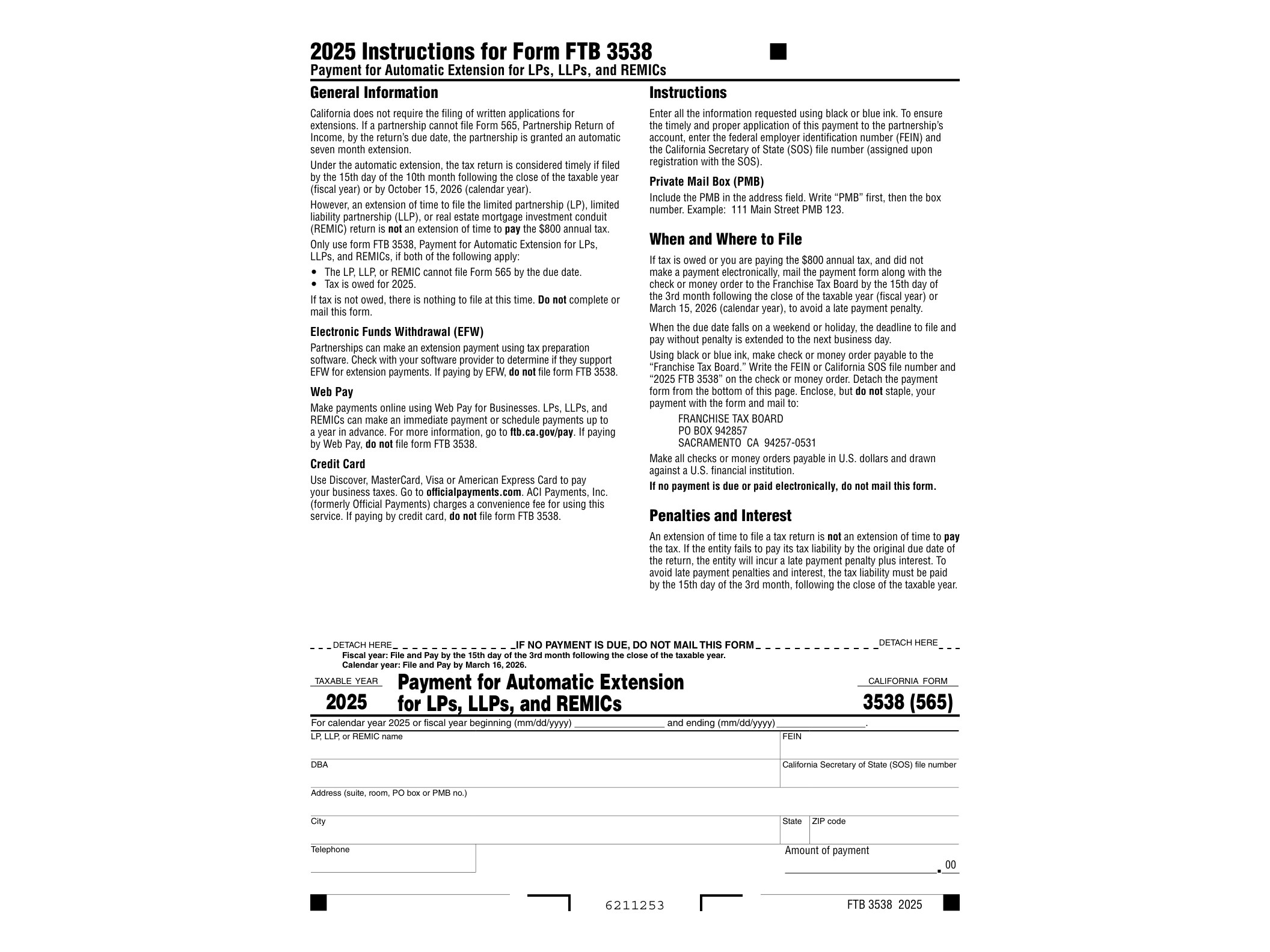 3538 2023 California Form 3538 (565) Payment for Automatic Extension for LPs, LLPs, and REMICs - official form preview, page 1
