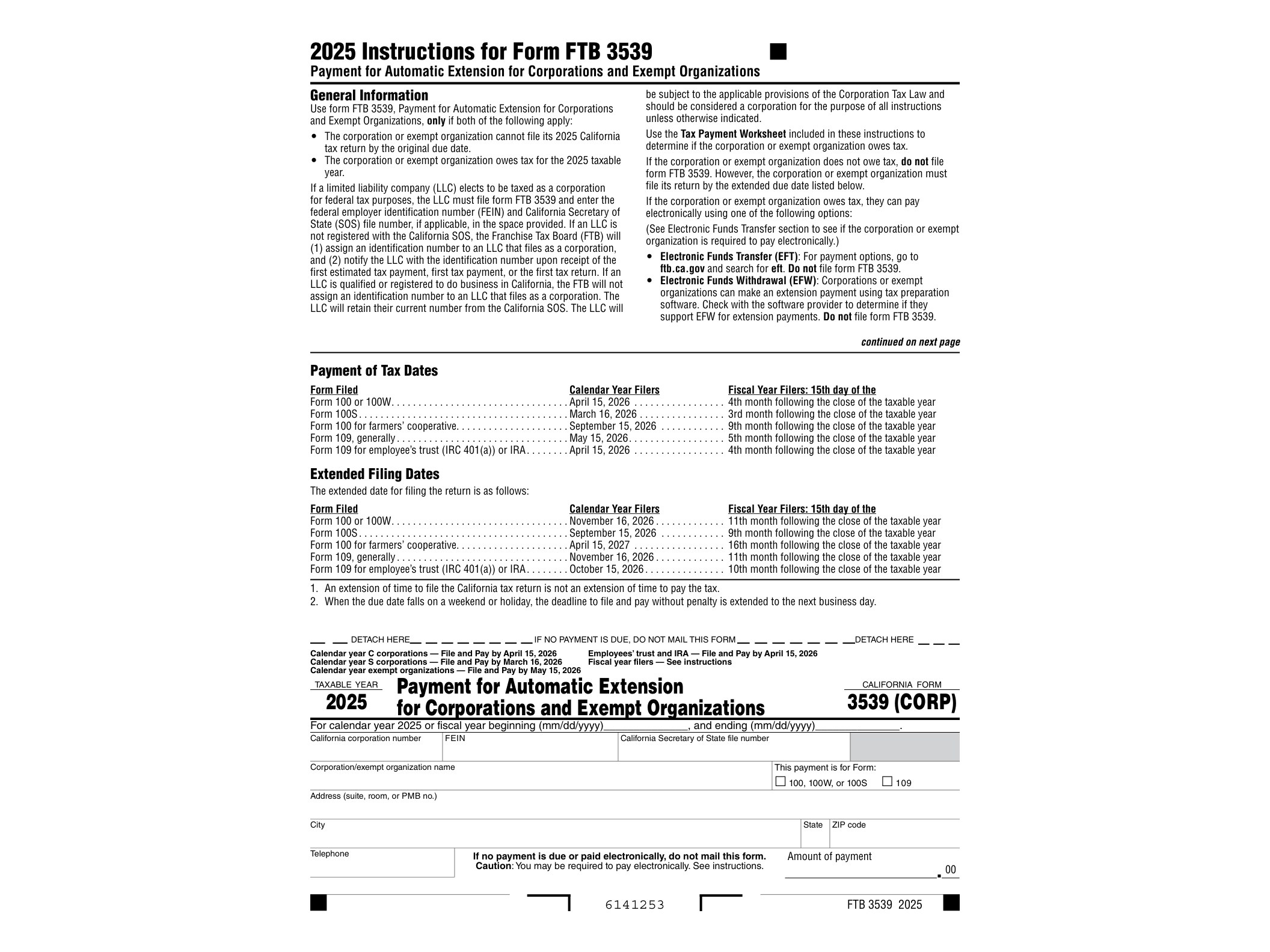 3539 2024 Form 3539 (CORP) Payment for Automatic Extension for Corporations and Exempt Organizations - official form preview, page 1