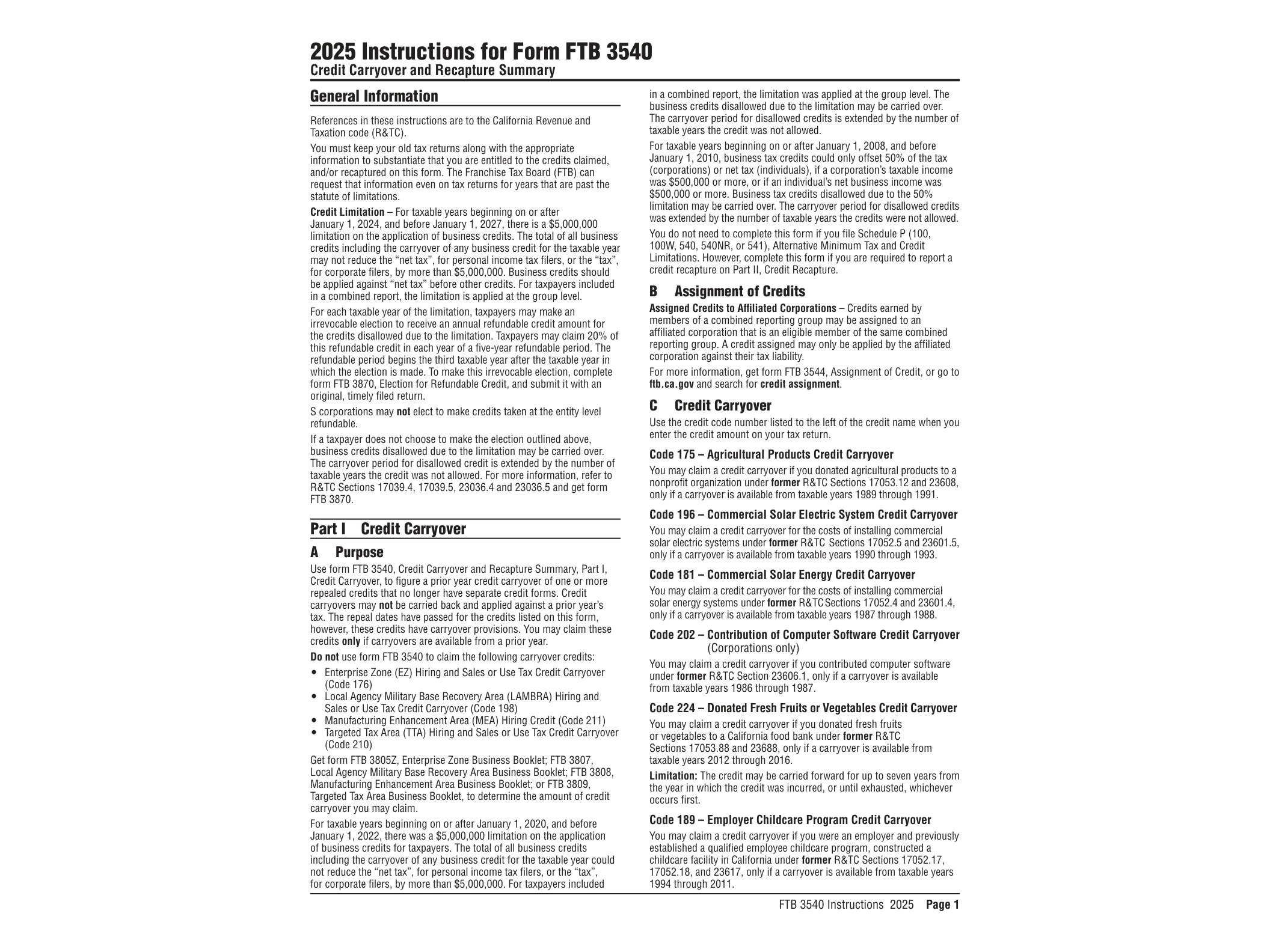 3540 2016 Form 3540 -- Credit Carryover and Recapture Summary - official form preview, page 1