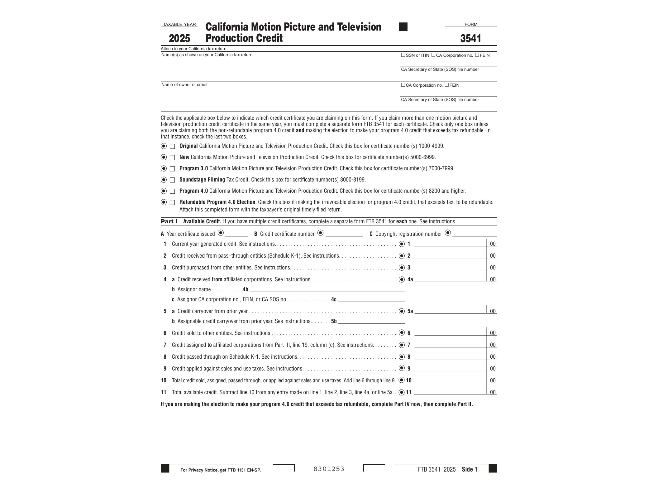 3541 2022 California Form 3541 California Motion Picture and Television Production Credit - official form preview, page 1
