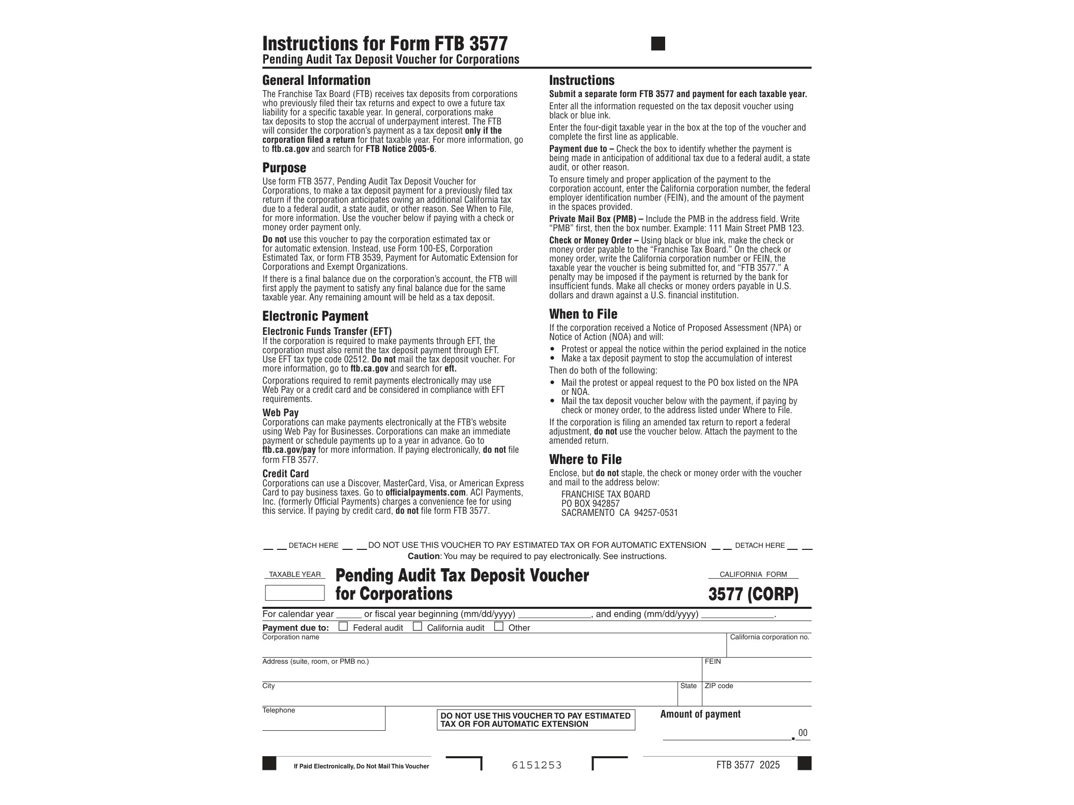 3577 2024 Instructions for Form FTB 3577 Pending Audit Tax Deposit Voucher for Corporations - official form preview, page 1