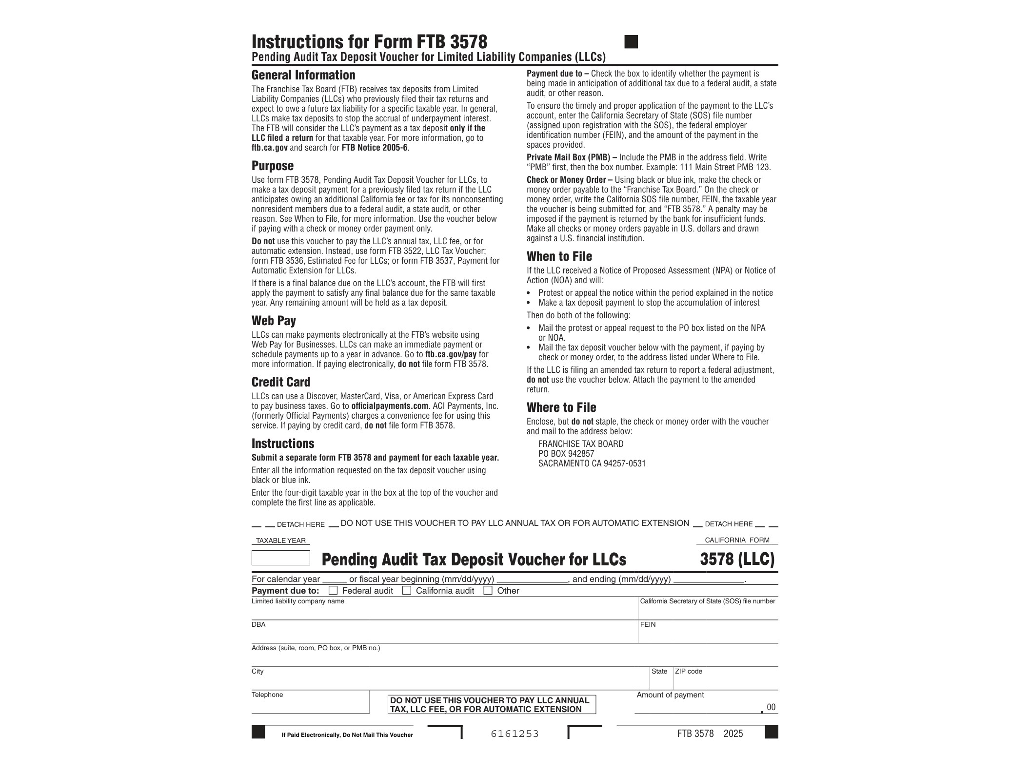 3578 2024 Instructions for Form FTB 3578 Pending Audit Tax Deposit Voucher for Limited Liability Companies (LLCs) - official form preview, page 1