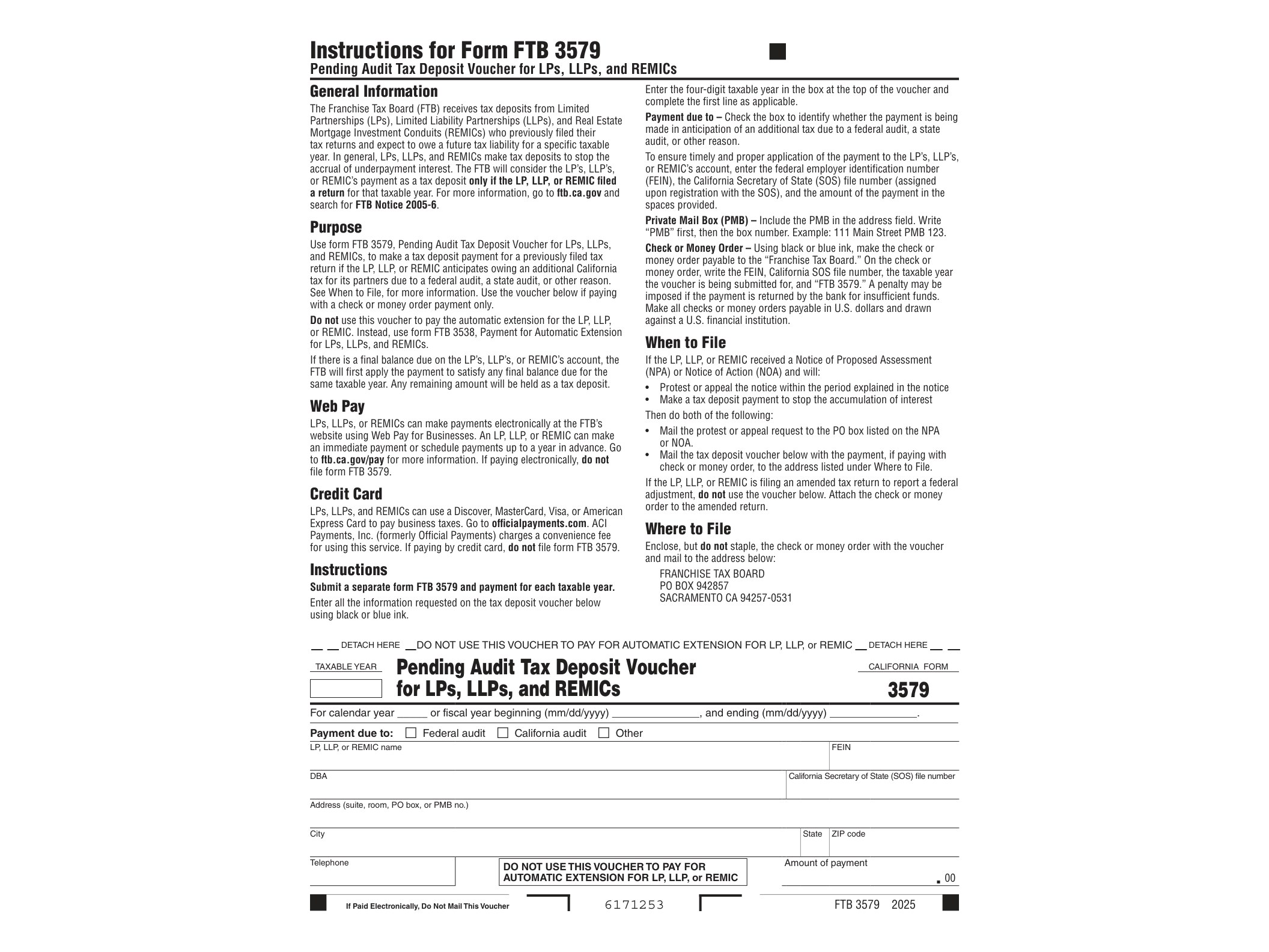 3579 2024 Instructions for Form FTB 3579 Pending Audit Tax Deposit Voucher for LPs, LLPs, and REMICs - official form preview, page 1