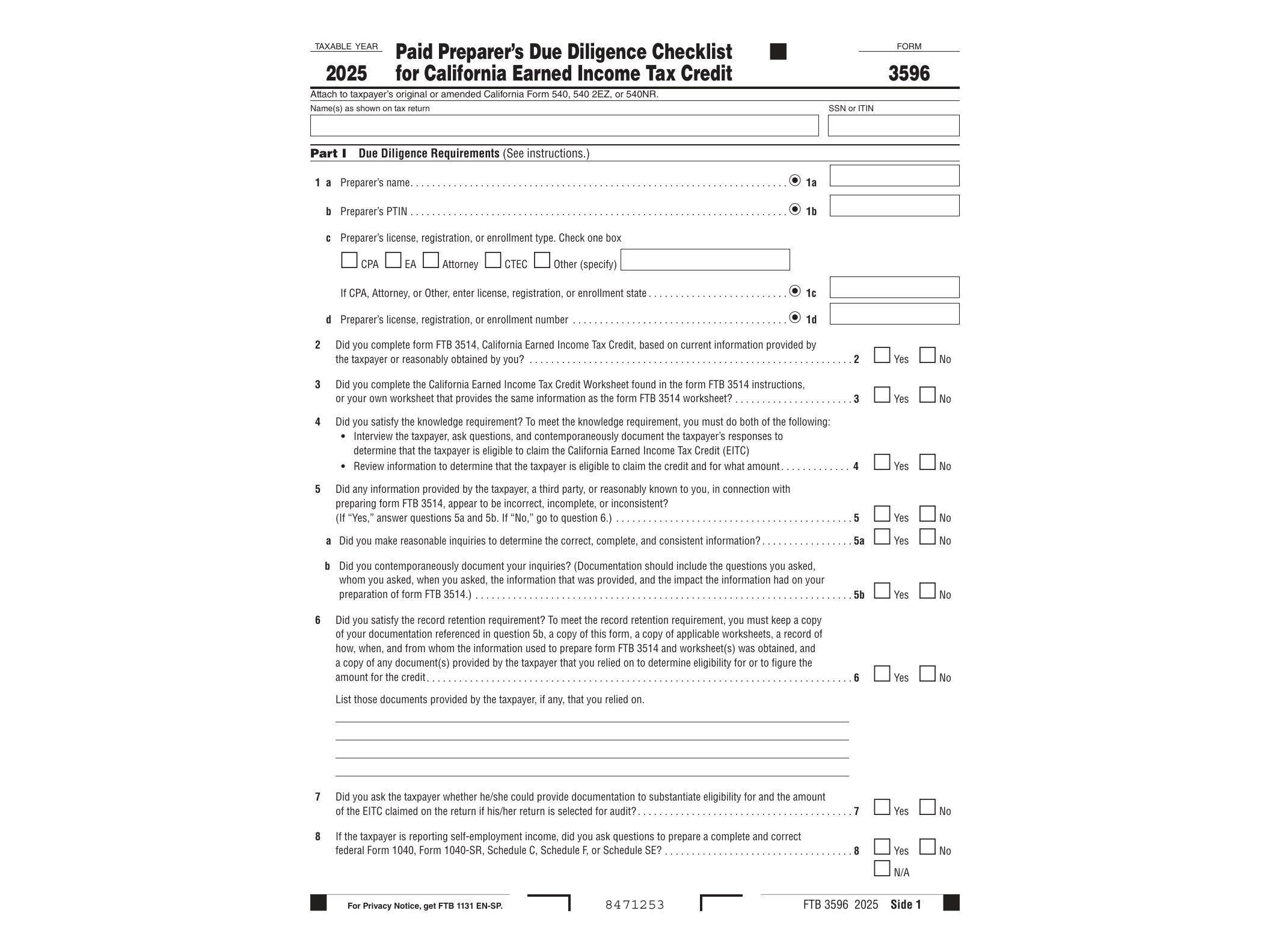 3596 2022 Form 3596 Paid Preparer's Due Diligence Checklist for California Earned Income Tax Credit - official form preview, page 1