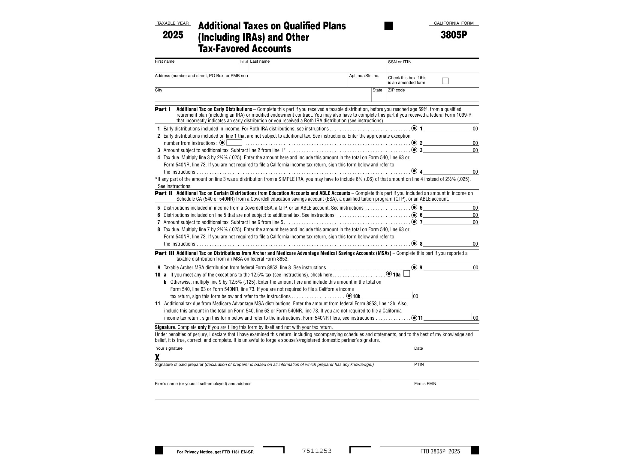3805P 2024 Form 3805P Additional Taxes on Qualified Plans (Including IRAs) and Other Tax-Favored Accounts - official form preview, page 1