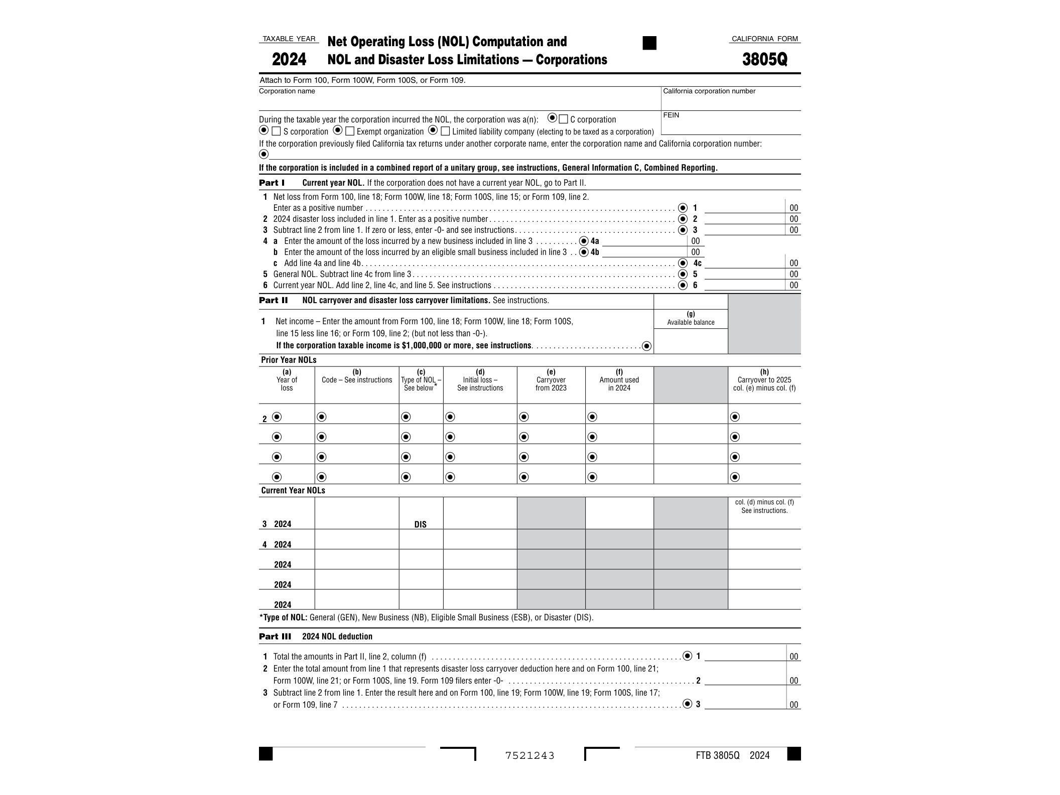3805Q 2021 Form 3805Q Net Operating Loss (NOL) Computation and NOL and Disaster Loss Limitations — Corporations - official form preview, page 1