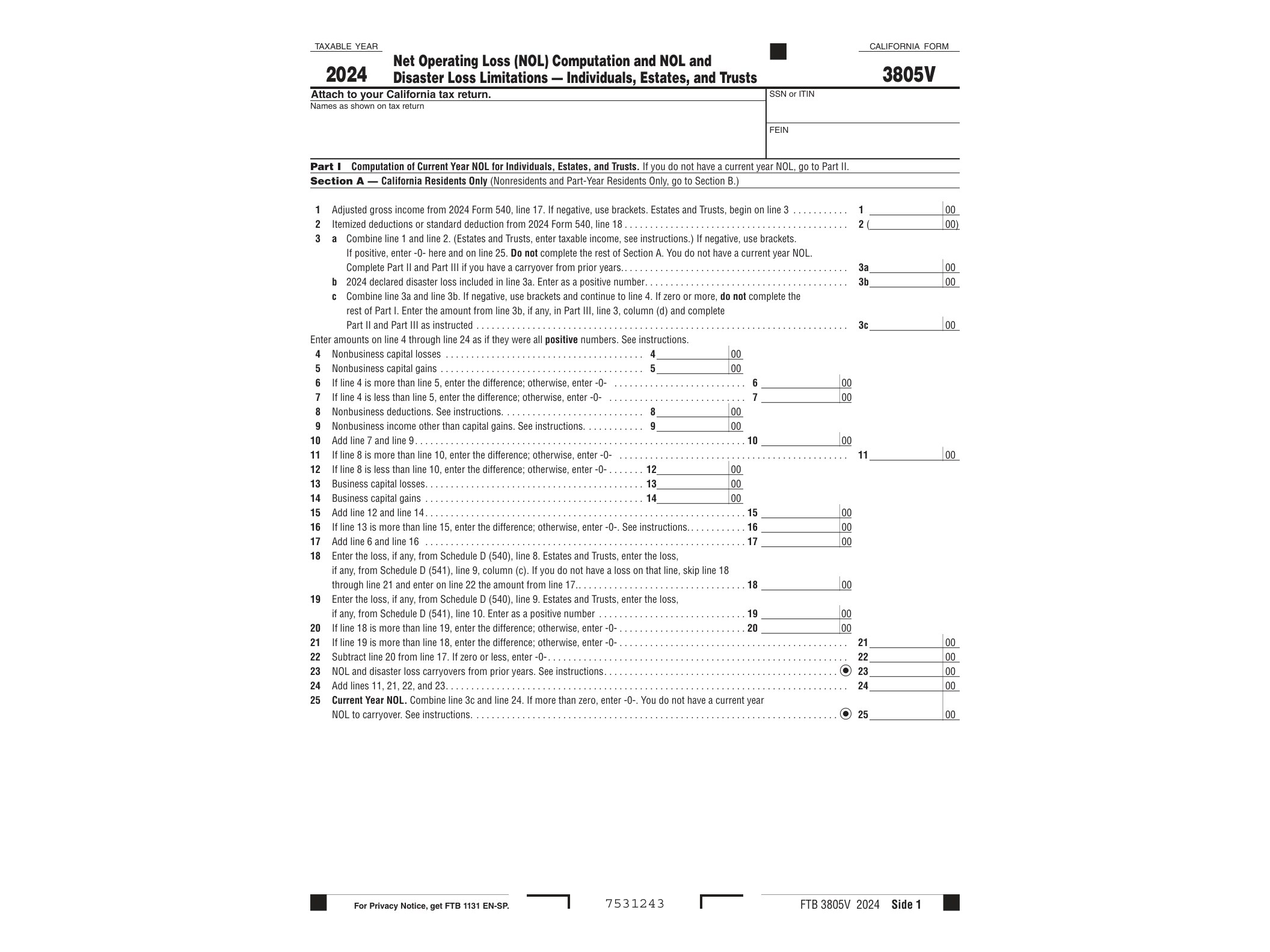 3805V 2021 Net Operating Loss (NOL) Computation and NOL andDisaster Loss Limitations — Individuals, Estates, and Trusts Form 3805V - official form preview, page 1